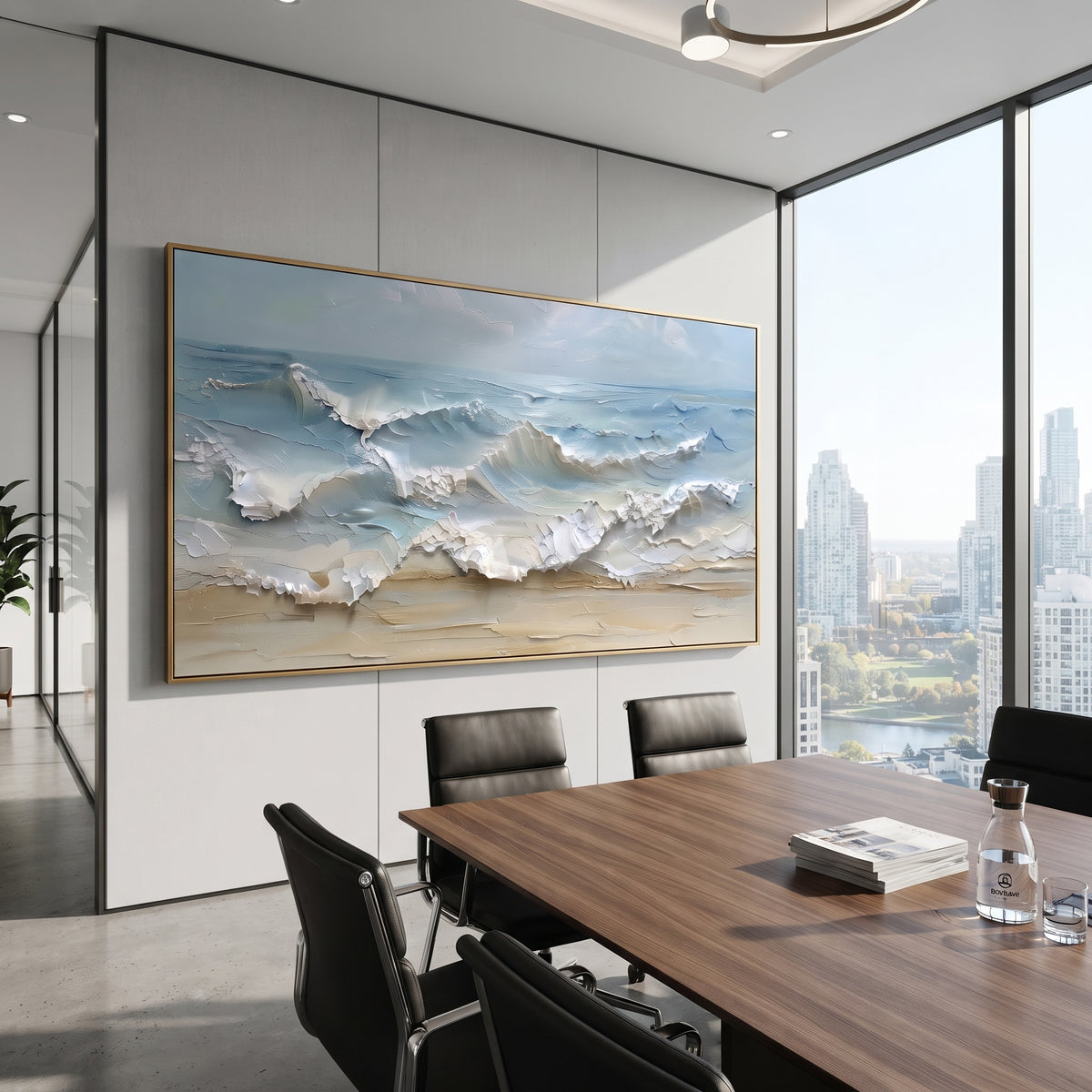 Pale Blue Shore Break Relief focuses on this hand-painted textured canvas features layered water movement, raised seafoam ridges, shoreline texture, and coastal color depth. The composition is described from the actual main image, so the visible subject, color balance, spacing, and surface movement stay specific to this product instead of reading like a batch title. Raised palette-knife layers, sculpted impasto ridges, softened brush transitions, and tactile handmade texture give the canvas