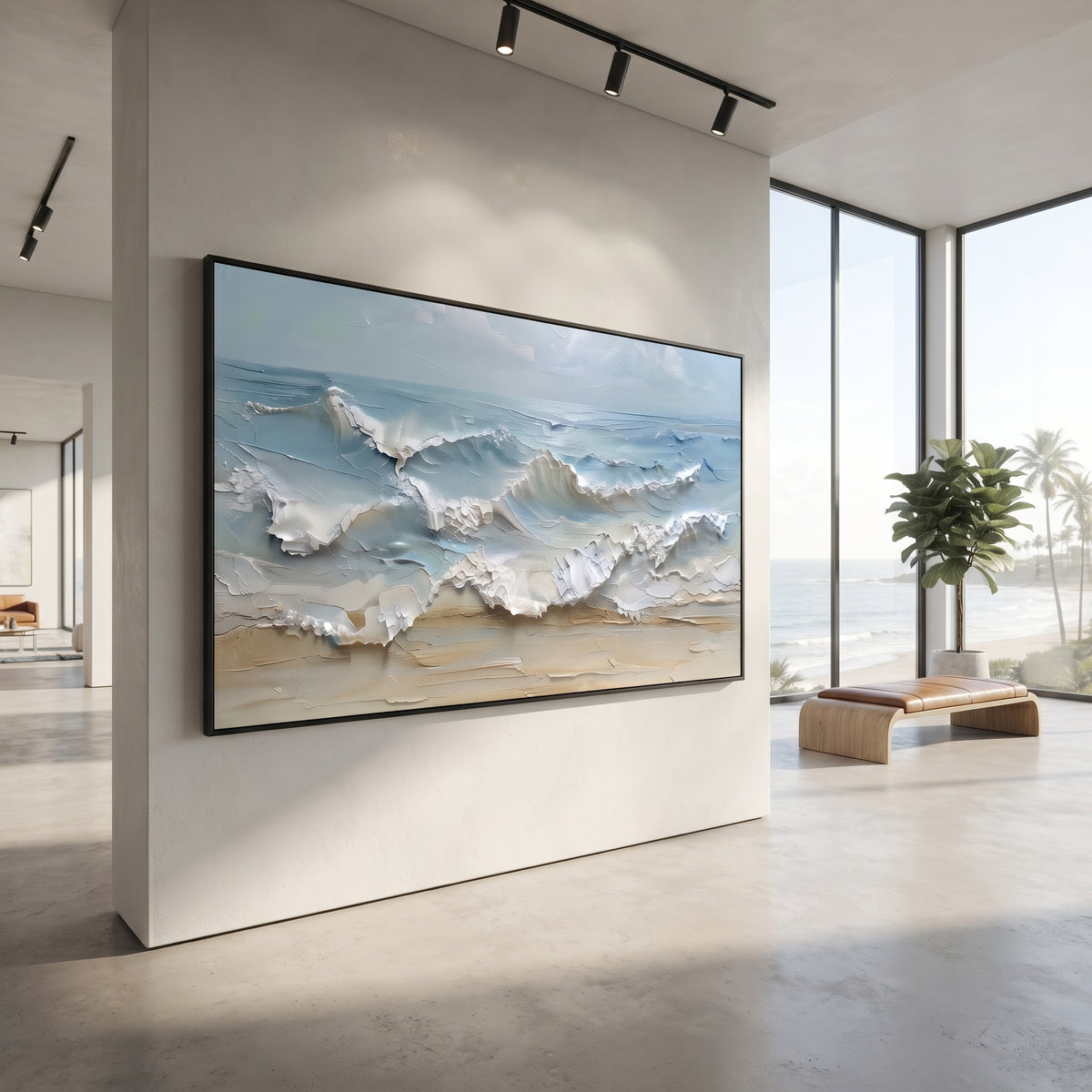 Pale Blue Shore Break Relief focuses on this hand-painted textured canvas features layered water movement, raised seafoam ridges, shoreline texture, and coastal color depth. The composition is described from the actual main image, so the visible subject, color balance, spacing, and surface movement stay specific to this product instead of reading like a batch title. Raised palette-knife layers, sculpted impasto ridges, softened brush transitions, and tactile handmade texture give the canvas