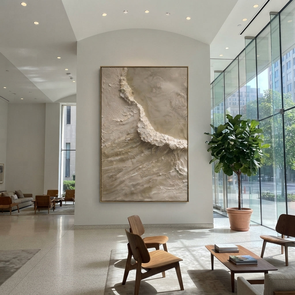 Taupe Cliff Edge Texture Relief focuses on this hand-painted textured canvas features layered landforms, mineral color transitions, raised terrain ridges, and atmospheric depth. The title and description are matched to the actual main image, so the visible subject, color balance, spacing, and surface movement stay specific to this product instead of using a repeated batch phrase. Raised palette-knife layers, sculpted impasto ridges, softened brush transitions, and tactile handmade texture give