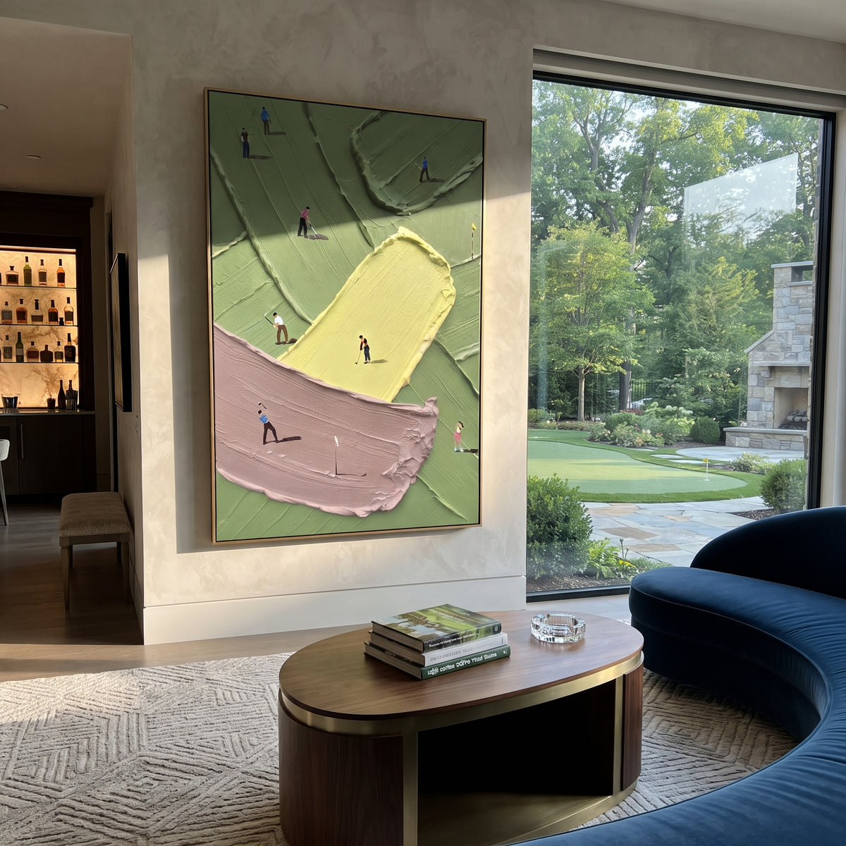 Purple Bunker Golf Course Relief focuses on this hand-painted textured canvas features purple sand bunker, pale yellow green, olive fairway blocks, and tiny golfer figures. The composition is described from the actual main image, so the visible subject, color balance, spacing, and surface movement stay specific to this product instead of reading like a batch title. Raised palette-knife layers, sculpted impasto ridges, softened brush transitions, and tactile handmade texture give the canvas