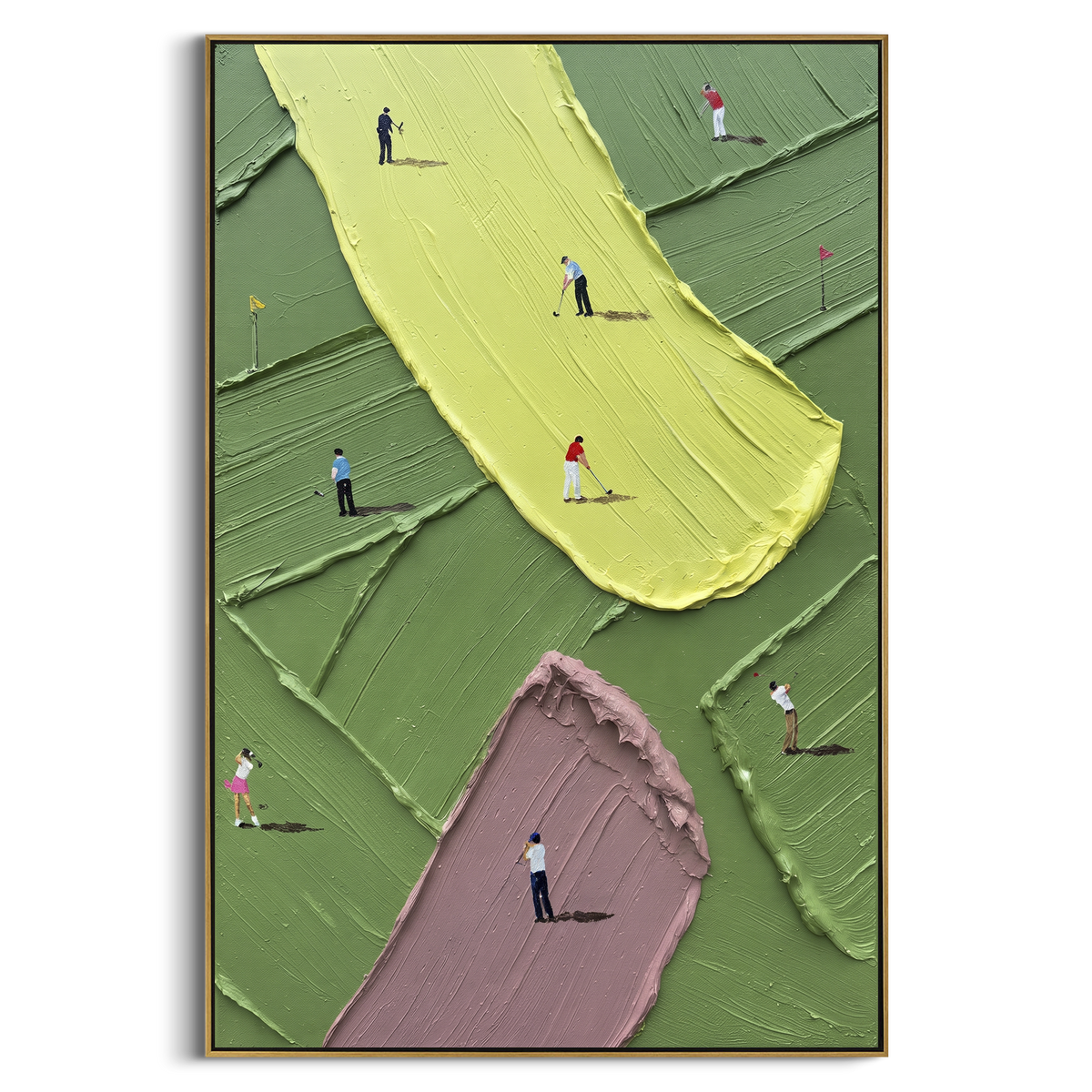 Yellow Putting Green Golf Relief focuses on this hand-painted textured canvas features long yellow putting green, mauve bunker, dark green fairway tiles, and scattered players. The composition is described from the actual main image, so the visible subject, color balance, spacing, and surface movement stay specific to this product instead of reading like a batch title. Raised palette-knife layers, sculpted impasto ridges, softened brush transitions, and tactile handmade texture give the canvas