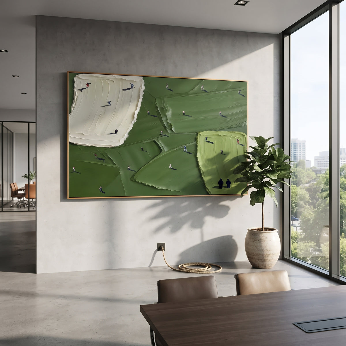 Twin Bunker Golf Fairway focuses on this hand-painted textured canvas features two pale sand bunkers, broad green fairways, lime putting area, and small players across the course. The composition is described from the actual main image, so the visible subject, color balance, spacing, and surface movement stay specific to this product instead of reading like a batch title. Raised palette-knife layers, sculpted impasto ridges, softened brush transitions, and tactile handmade texture give the