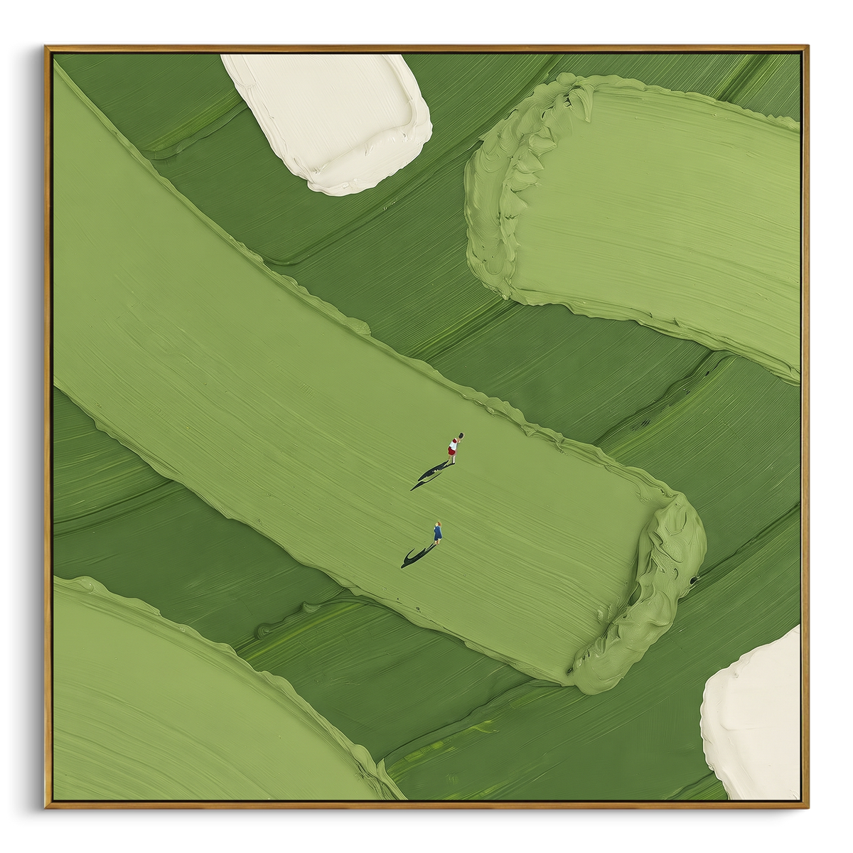 Diagonal Green Golf Course Relief focuses on this hand-painted textured canvas features diagonal lime fairway, layered green turf ridges, white bunker corners, and tiny golfers. The composition is described from the actual main image, so the visible subject, color balance, spacing, and surface movement stay specific to this product instead of reading like a batch title. Raised palette-knife layers, sculpted impasto ridges, softened brush transitions, and tactile handmade texture give the canvas