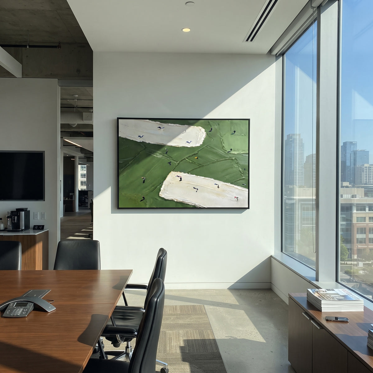 Double White Bunker Golf focuses on this hand-painted textured canvas features two long white sand bunkers, deep green fairway texture, and golfers moving across the middle. The composition is described from the actual main image, so the visible subject, color balance, spacing, and surface movement stay specific to this product instead of reading like a batch title. Raised palette-knife layers, sculpted impasto ridges, softened brush transitions, and tactile handmade texture give the canvas