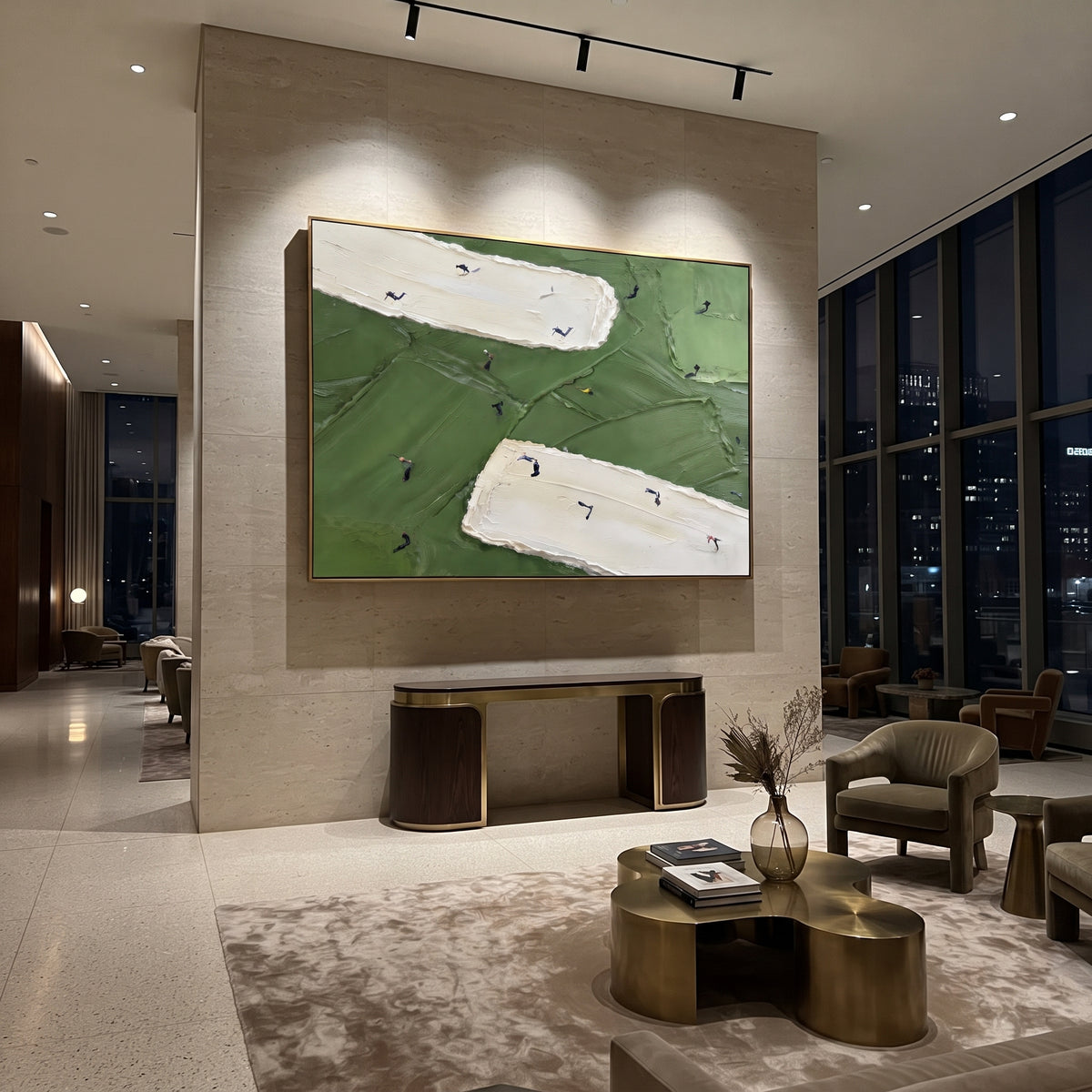 Double White Bunker Golf focuses on this hand-painted textured canvas features two long white sand bunkers, deep green fairway texture, and golfers moving across the middle. The composition is described from the actual main image, so the visible subject, color balance, spacing, and surface movement stay specific to this product instead of reading like a batch title. Raised palette-knife layers, sculpted impasto ridges, softened brush transitions, and tactile handmade texture give the canvas