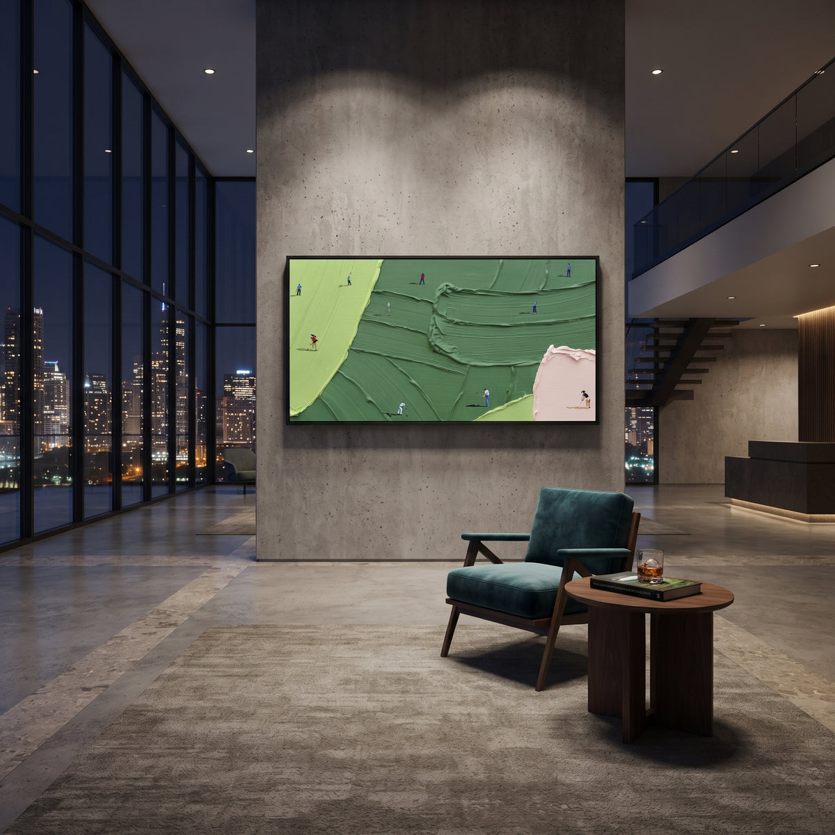 Pink Corner Golf Fairway focuses on this hand-painted textured canvas features pale pink corner bunker, lime fairway edge, deep green course fields, and miniature players. The composition is described from the actual main image, so the visible subject, color balance, spacing, and surface movement stay specific to this product instead of reading like a batch title. Raised palette-knife layers, sculpted impasto ridges, softened brush transitions, and tactile handmade texture give the canvas