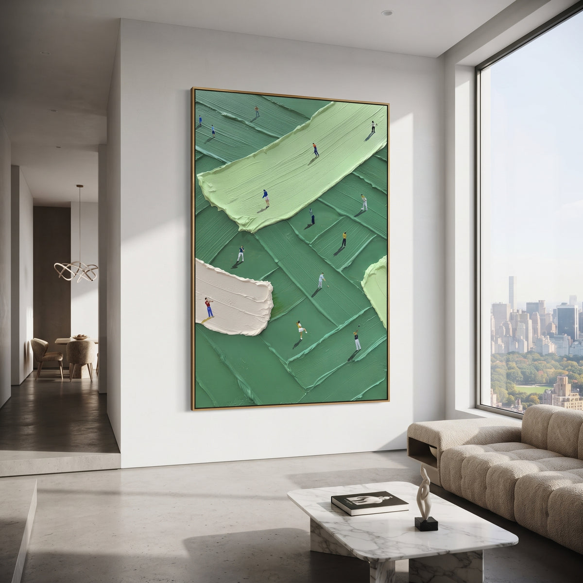 Cream Path Golfers Relief focuses on this hand-painted textured canvas features cream fairway path crossing green terrain, small golfers, and raised rectangular turf textures. The composition is described from the actual main image, so the visible subject, color balance, spacing, and surface movement stay specific to this product instead of reading like a batch title. Raised palette-knife layers, sculpted impasto ridges, softened brush transitions, and tactile handmade texture give the canvas