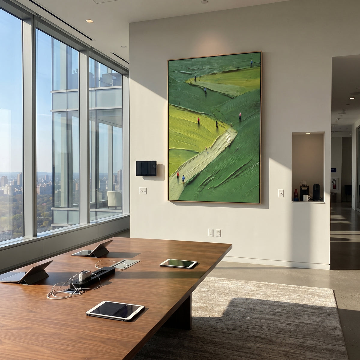 Sloped Lime Golf Fairway focuses on this hand-painted textured canvas features sloped lime fairway, deep green course contours, and small golfers climbing through the vertical scene. The composition is described from the actual main image, so the visible subject, color balance, spacing, and surface movement stay specific to this product instead of reading like a batch title. Raised palette-knife layers, sculpted impasto ridges, softened brush transitions, and tactile handmade texture give the