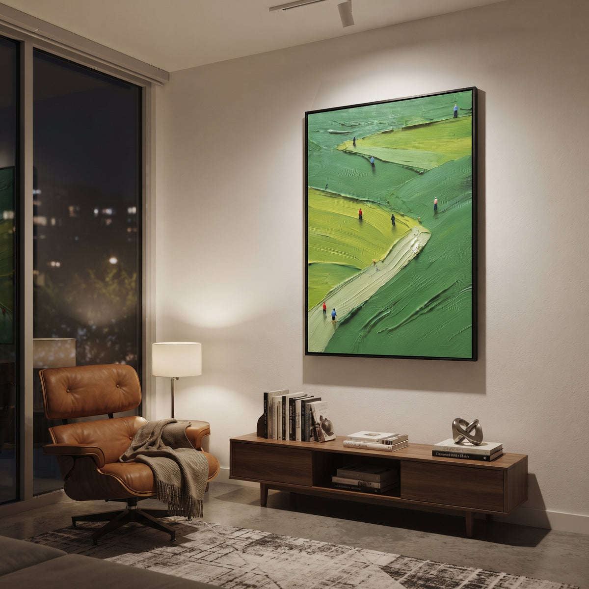 Sloped Lime Golf Fairway focuses on this hand-painted textured canvas features sloped lime fairway, deep green course contours, and small golfers climbing through the vertical scene. The composition is described from the actual main image, so the visible subject, color balance, spacing, and surface movement stay specific to this product instead of reading like a batch title. Raised palette-knife layers, sculpted impasto ridges, softened brush transitions, and tactile handmade texture give the