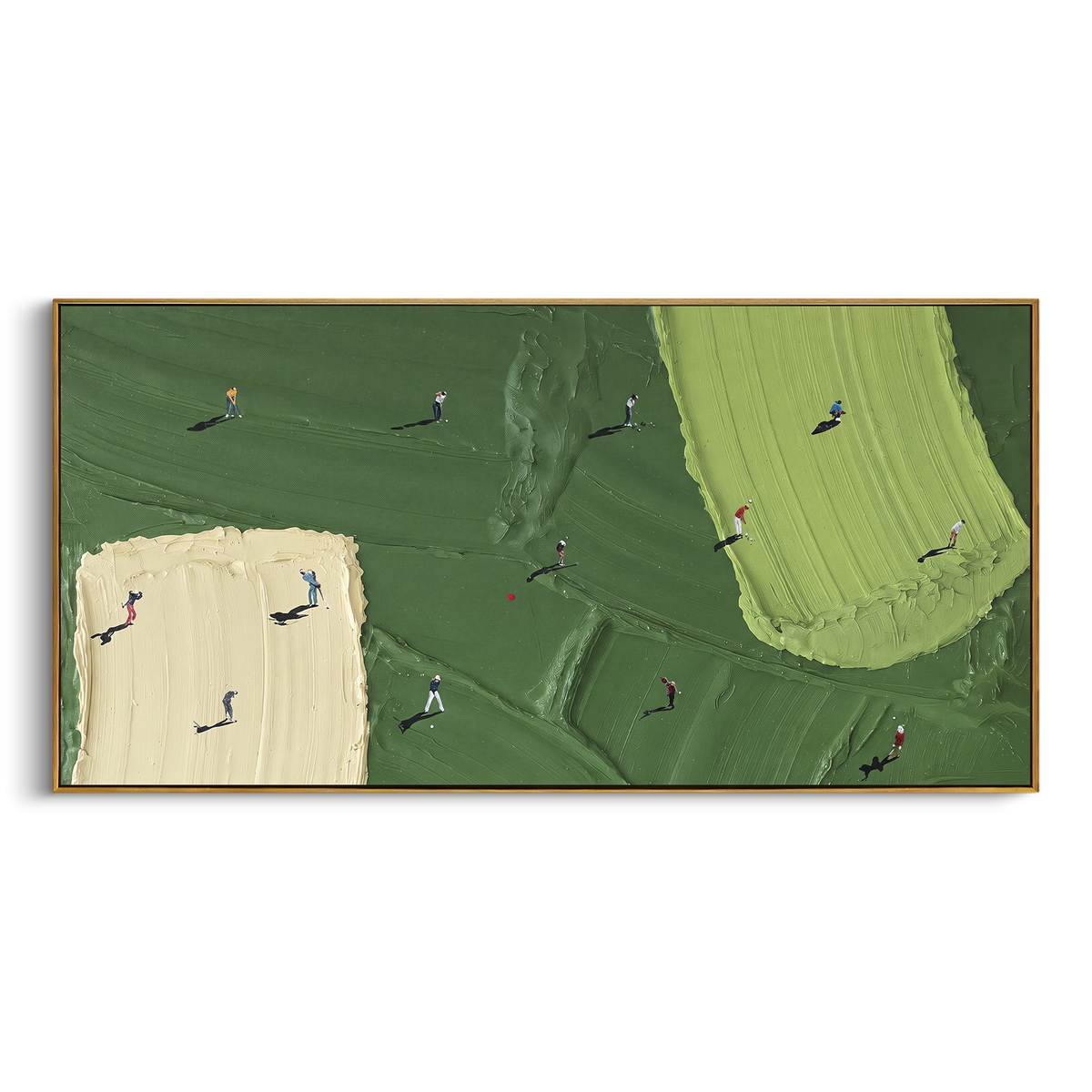 Wide Bunker Golf Course Relief focuses on this hand-painted textured canvas features wide panoramic course, white bunker corner, lime green island, and golfers across dark green terrain. The composition is described from the actual main image, so the visible subject, color balance, spacing, and surface movement stay specific to this product instead of reading like a batch title. Raised palette-knife layers, sculpted impasto ridges, softened brush transitions, and tactile handmade texture give