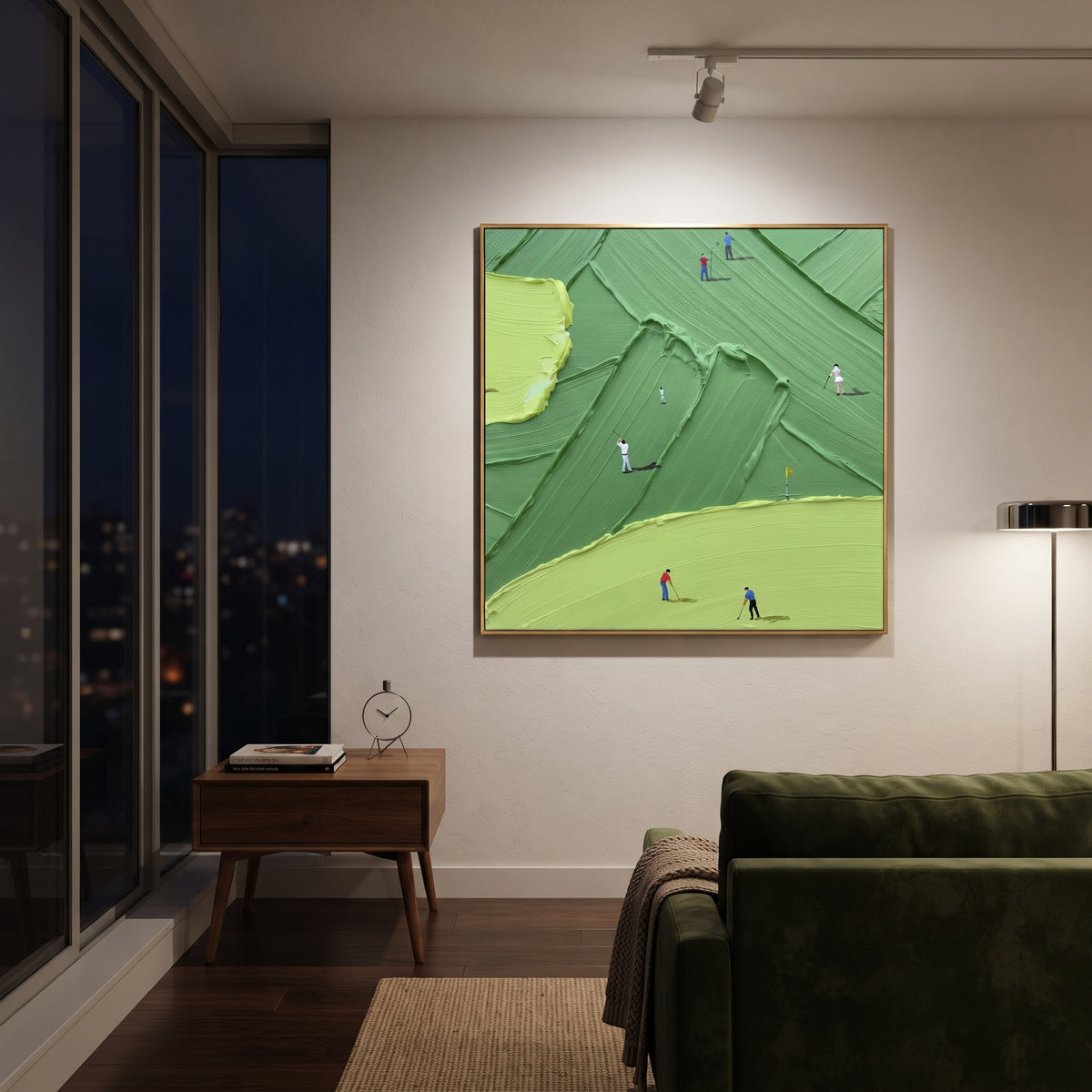 Flagstick Rolling Golf Green Relief focuses on this hand-painted textured canvas features large lime green foreground, flagstick, terraced fairway ridges, and golfers in red and blue. The title and description are matched to the actual main image, so the visible subject, color balance, spacing, and surface movement stay specific to this product instead of using a repeated batch phrase. Raised palette-knife layers, sculpted impasto ridges, softened brush transitions, and tactile handmade texture