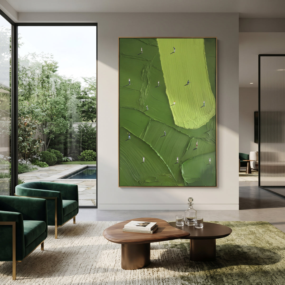 Narrow Lime Golf Fairway focuses on this hand-painted textured canvas features narrow lime fairway running vertically, dark green course panels, and scattered golfers. The composition is described from the actual main image, so the visible subject, color balance, spacing, and surface movement stay specific to this product instead of reading like a batch title. Raised palette-knife layers, sculpted impasto ridges, softened brush transitions, and tactile handmade texture give the canvas