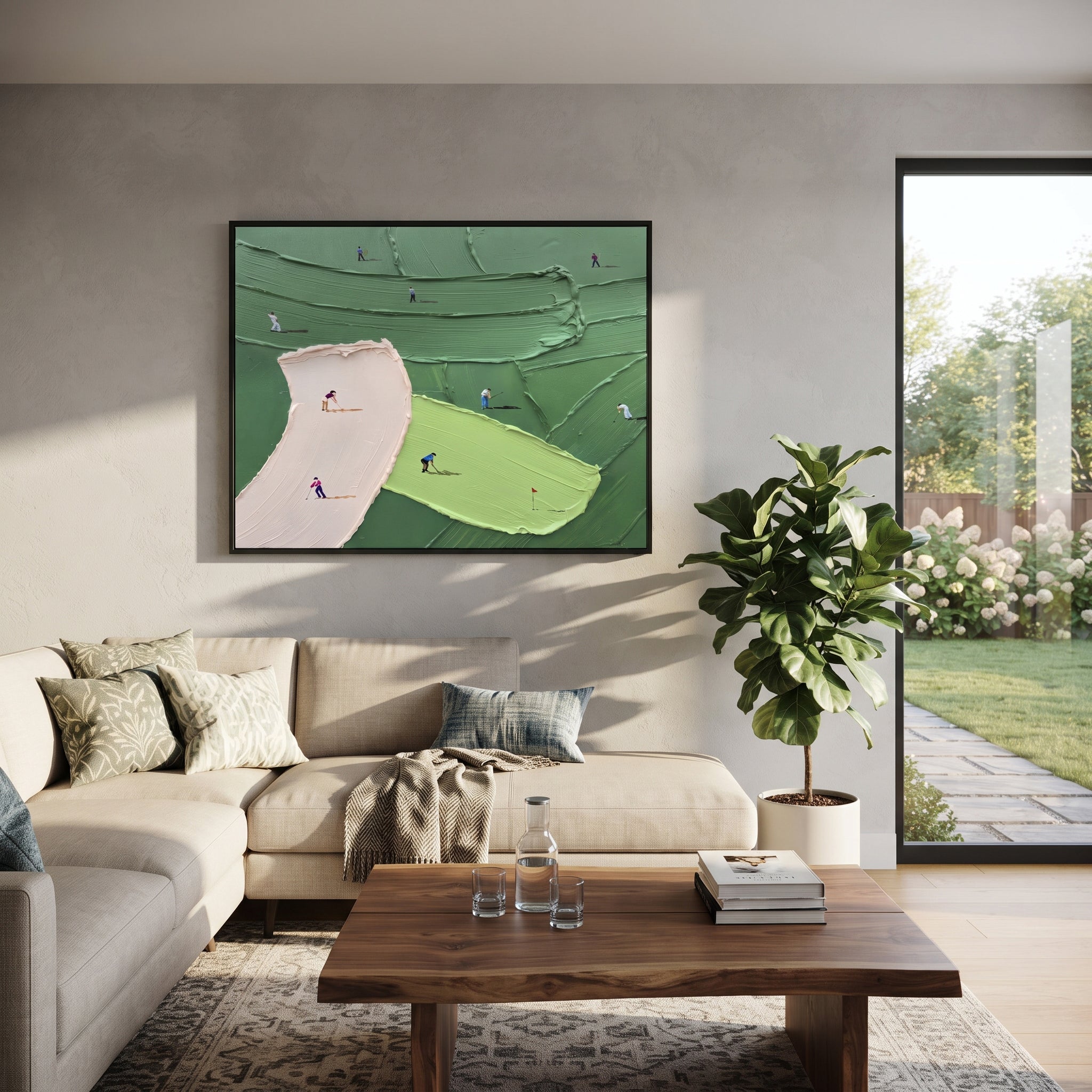 Pink Bunker Golf Fairway focuses on this hand-painted textured canvas features horizontal view of pink bunker, lime green, terraced dark green fairway, and golfers in motion. The composition is described from the actual main image, so the visible subject, color balance, spacing, and surface movement stay specific to this product instead of reading like a batch title. Raised palette-knife layers, sculpted impasto ridges, softened brush transitions, and tactile handmade texture give the canvas