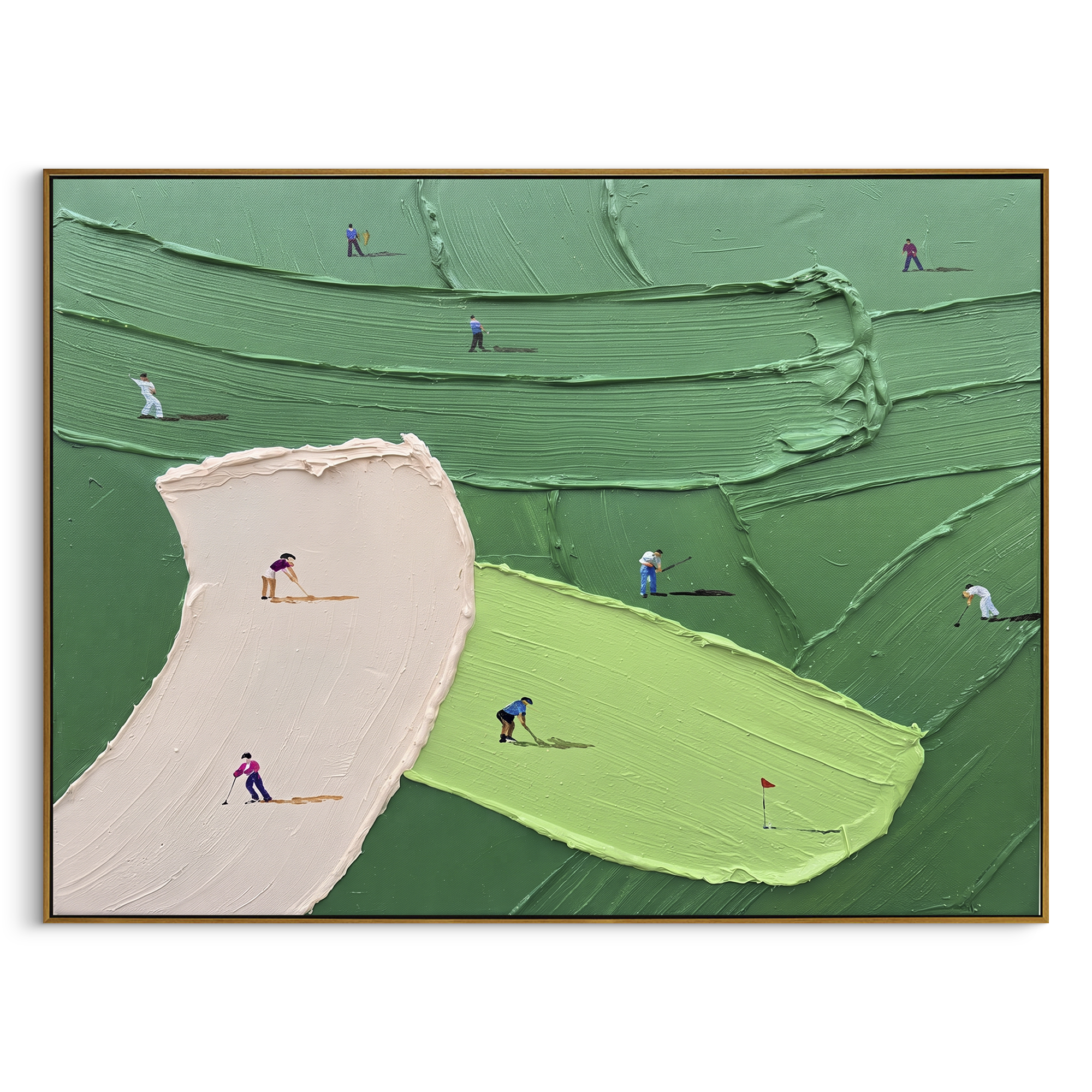 Pink Bunker Golf Fairway focuses on this hand-painted textured canvas features horizontal view of pink bunker, lime green, terraced dark green fairway, and golfers in motion. The composition is described from the actual main image, so the visible subject, color balance, spacing, and surface movement stay specific to this product instead of reading like a batch title. Raised palette-knife layers, sculpted impasto ridges, softened brush transitions, and tactile handmade texture give the canvas
