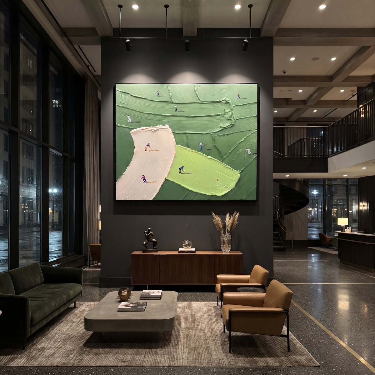 Pink Bunker Golf Fairway focuses on this hand-painted textured canvas features horizontal view of pink bunker, lime green, terraced dark green fairway, and golfers in motion. The composition is described from the actual main image, so the visible subject, color balance, spacing, and surface movement stay specific to this product instead of reading like a batch title. Raised palette-knife layers, sculpted impasto ridges, softened brush transitions, and tactile handmade texture give the canvas