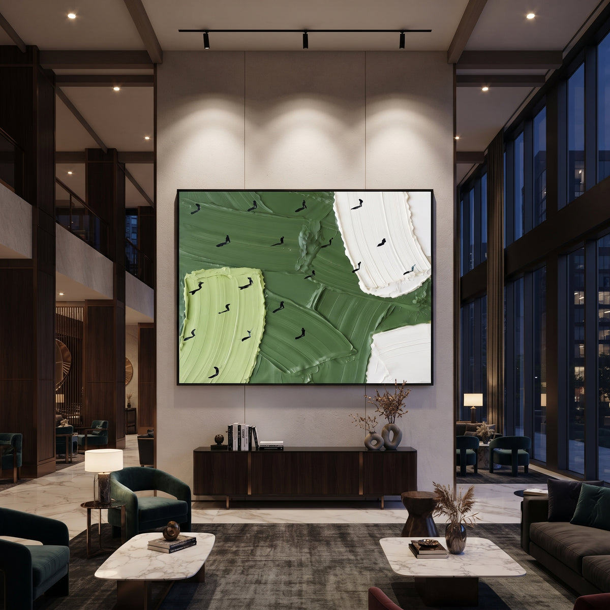 White Sand Trap Golfers focuses on this hand-painted textured canvas features white sand trap, lime bunker patch, deep green fairway fields, and dark golfer silhouettes. The composition is described from the actual main image, so the visible subject, color balance, spacing, and surface movement stay specific to this product instead of reading like a batch title. Raised palette-knife layers, sculpted impasto ridges, softened brush transitions, and tactile handmade texture give the canvas