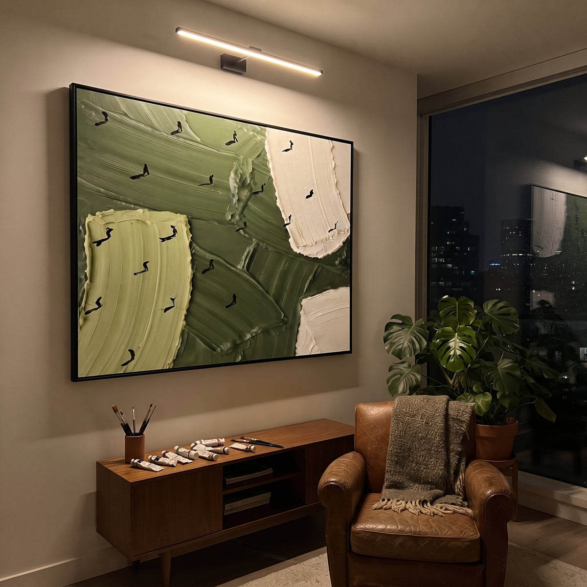 White Sand Trap Golfers focuses on this hand-painted textured canvas features white sand trap, lime bunker patch, deep green fairway fields, and dark golfer silhouettes. The composition is described from the actual main image, so the visible subject, color balance, spacing, and surface movement stay specific to this product instead of reading like a batch title. Raised palette-knife layers, sculpted impasto ridges, softened brush transitions, and tactile handmade texture give the canvas