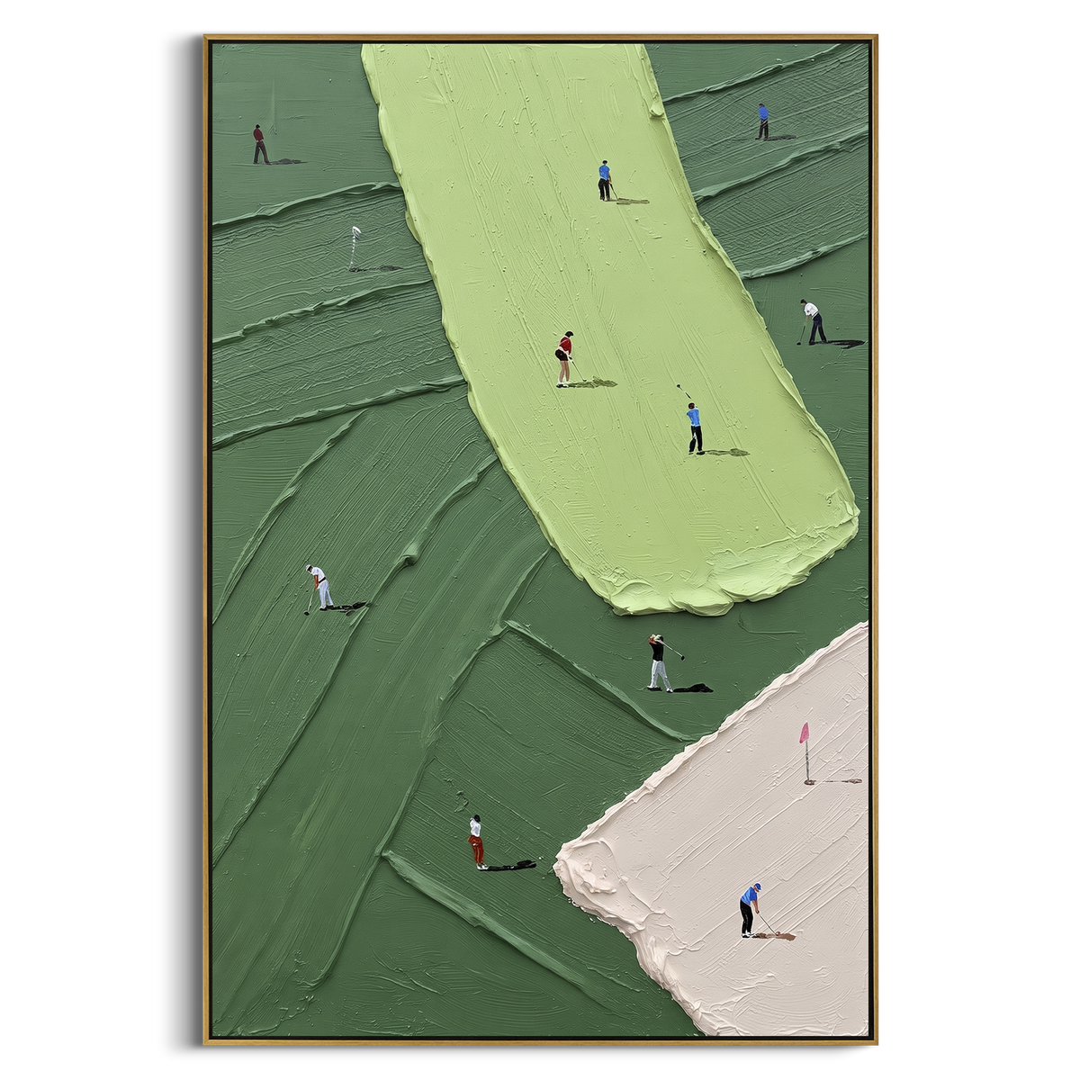 Lime Fairway Golf Course focuses on this hand-painted textured canvas features long vertical lime fairway, pale pink bunker edge, dark green course blocks, and small golfers. The composition is described from the actual main image, so the visible subject, color balance, spacing, and surface movement stay specific to this product instead of reading like a batch title. Raised palette-knife layers, sculpted impasto ridges, softened brush transitions, and tactile handmade texture give the canvas