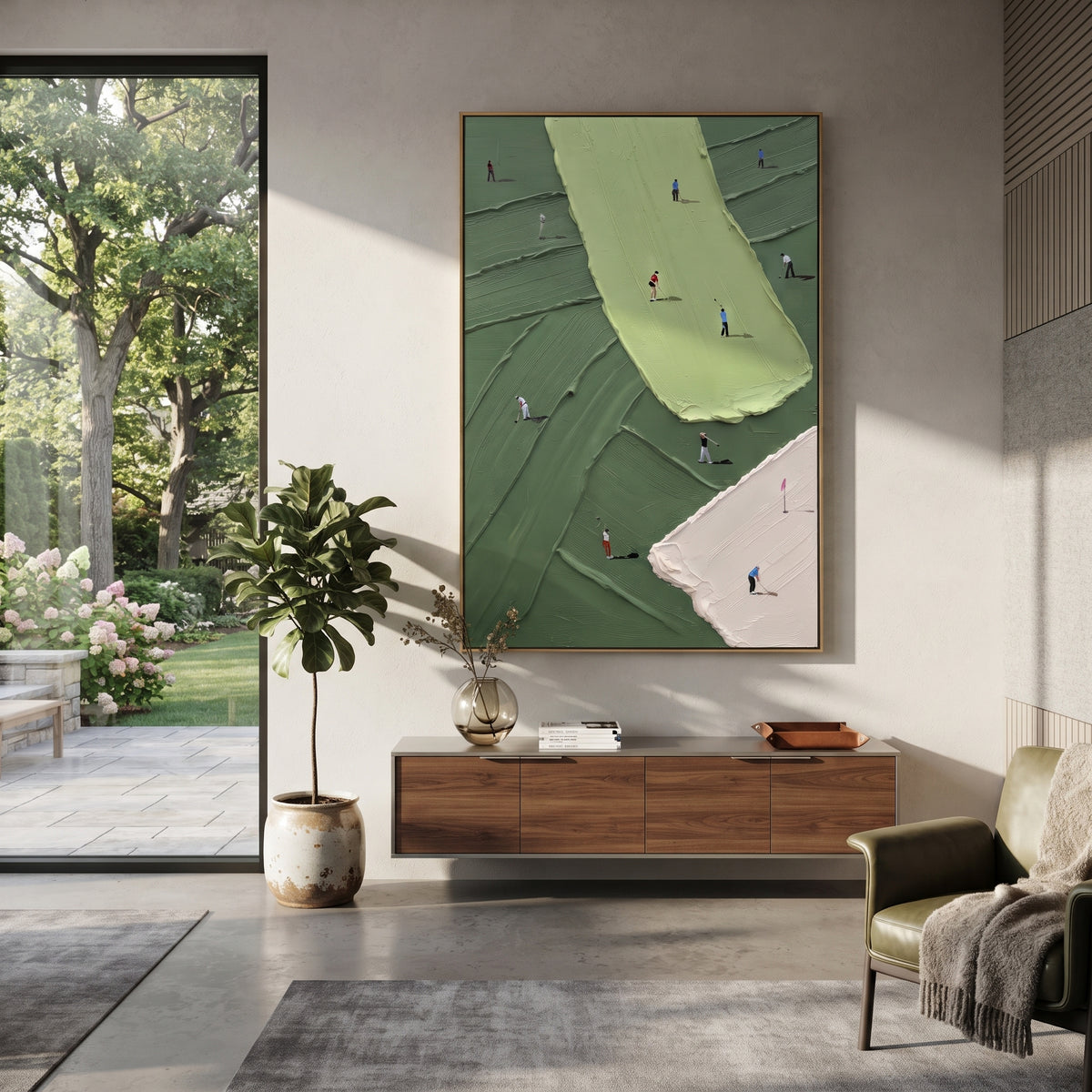 Lime Fairway Golf Course focuses on this hand-painted textured canvas features long vertical lime fairway, pale pink bunker edge, dark green course blocks, and small golfers. The composition is described from the actual main image, so the visible subject, color balance, spacing, and surface movement stay specific to this product instead of reading like a batch title. Raised palette-knife layers, sculpted impasto ridges, softened brush transitions, and tactile handmade texture give the canvas