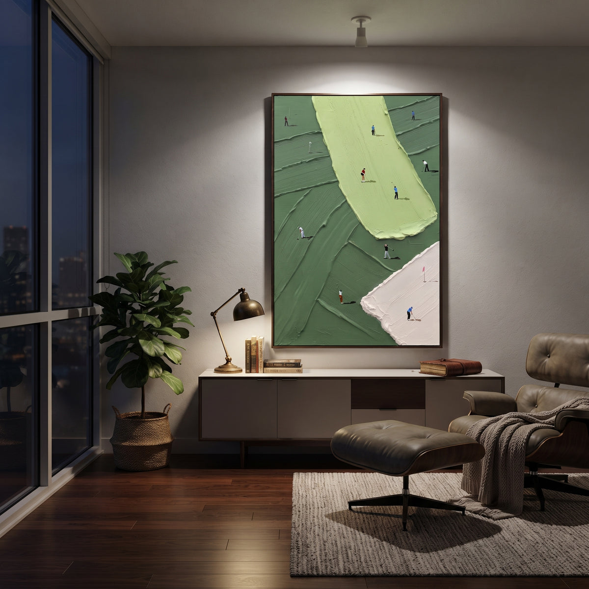 Lime Fairway Golf Course focuses on this hand-painted textured canvas features long vertical lime fairway, pale pink bunker edge, dark green course blocks, and small golfers. The composition is described from the actual main image, so the visible subject, color balance, spacing, and surface movement stay specific to this product instead of reading like a batch title. Raised palette-knife layers, sculpted impasto ridges, softened brush transitions, and tactile handmade texture give the canvas