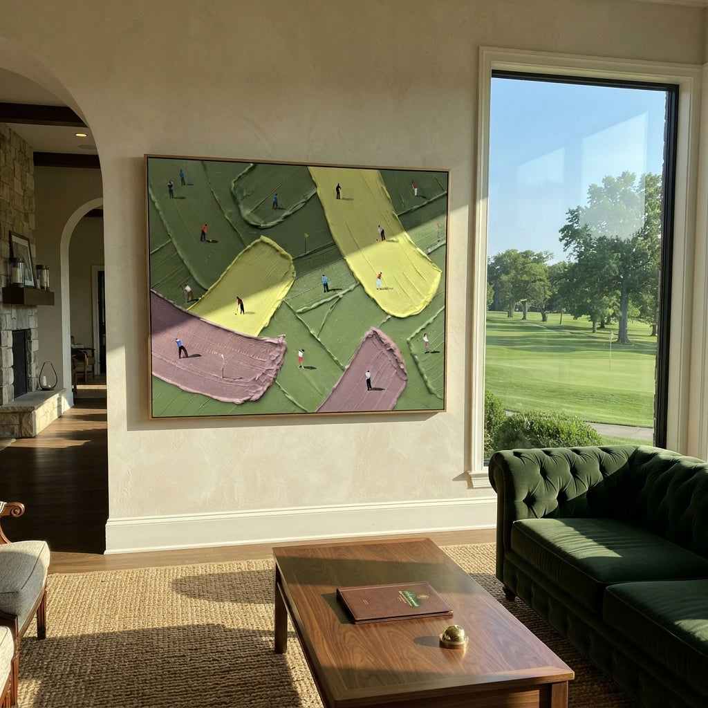 Multicolor Golf Bunker Relief focuses on this hand-painted textured canvas features yellow and purple bunkers, dark green fairways, and scattered golfers in a wide course composition. The composition is described from the actual main image, so the visible subject, color balance, spacing, and surface movement stay specific to this product instead of reading like a batch title. Raised palette-knife layers, sculpted impasto ridges, softened brush transitions, and tactile handmade texture give the