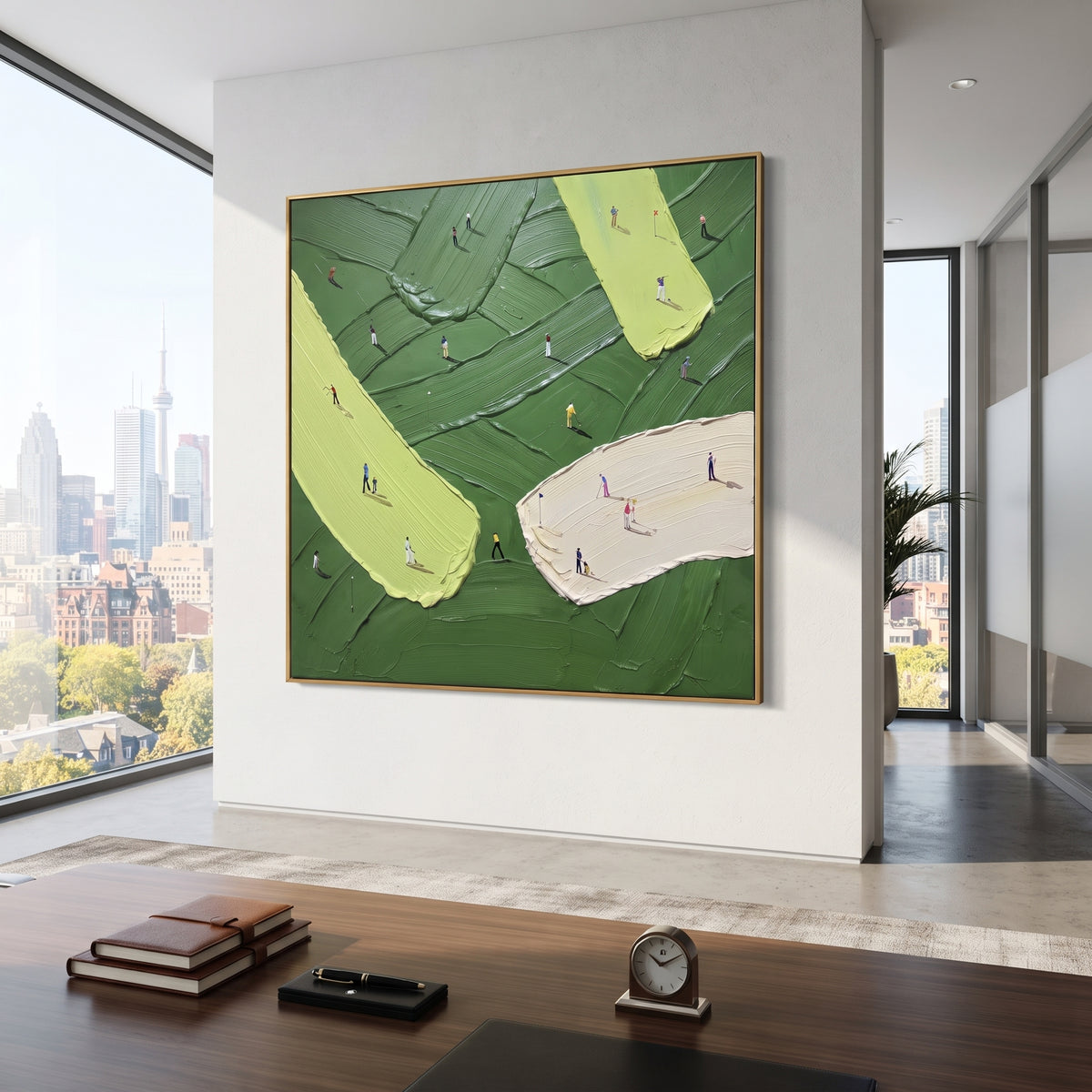 Crossing Fairways Golf Relief focuses on this hand-painted textured canvas features crossing lime fairways, pale sand bunker, dark green ridges, and many small golfer figures. The composition is described from the actual main image, so the visible subject, color balance, spacing, and surface movement stay specific to this product instead of reading like a batch title. Raised palette-knife layers, sculpted impasto ridges, softened brush transitions, and tactile handmade texture give the canvas