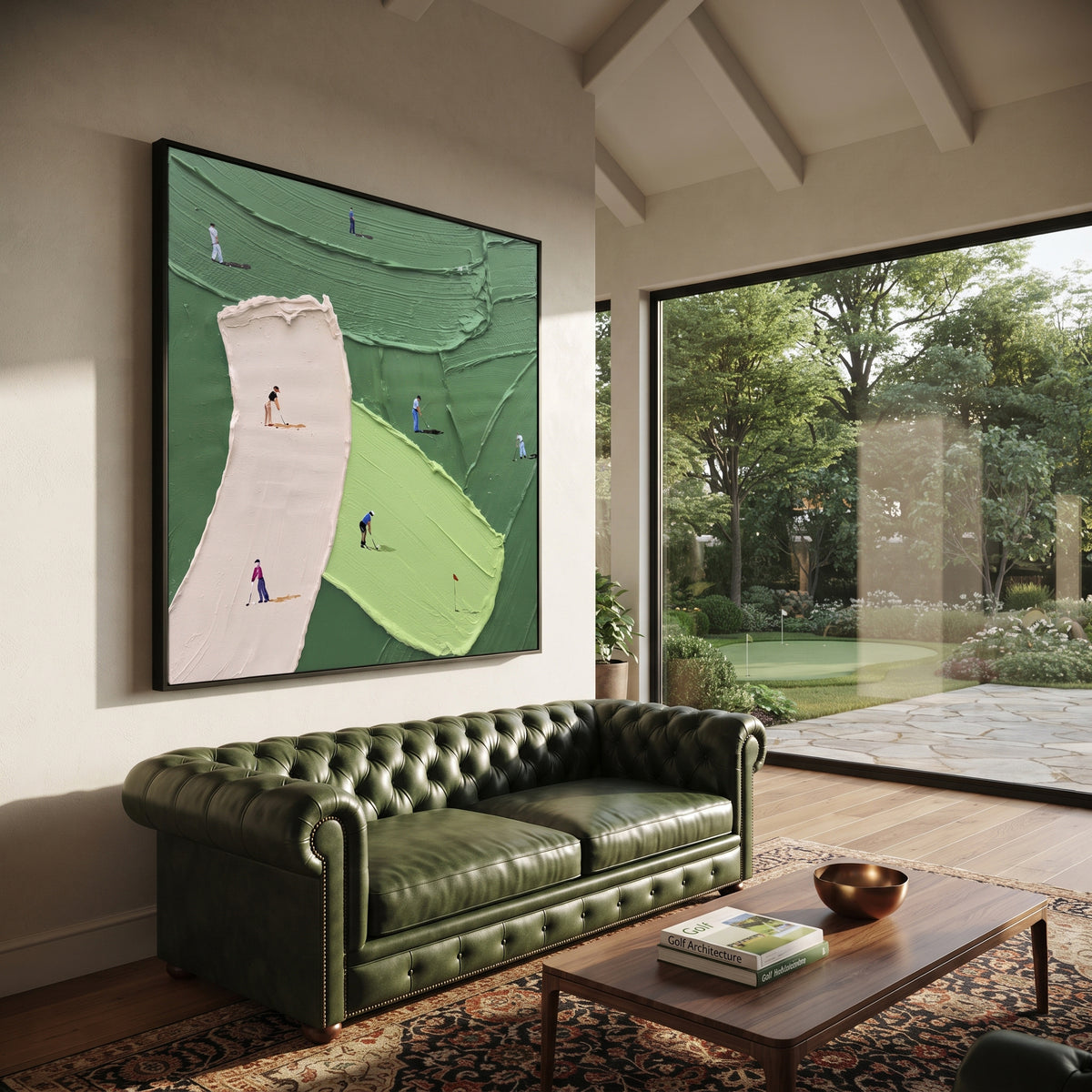 Pink Sand Trap Golf Green focuses on this hand-painted textured canvas features pink sand trap, curved lime green, dark green course ridges, and golfers around the flag. The composition is described from the actual main image, so the visible subject, color balance, spacing, and surface movement stay specific to this product instead of reading like a batch title. Raised palette-knife layers, sculpted impasto ridges, softened brush transitions, and tactile handmade texture give the canvas