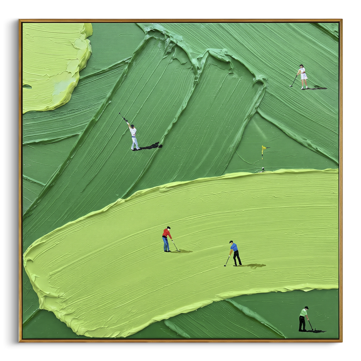 Broad Lime Fairway Golf focuses on this hand-painted textured canvas features broad lime fairway across the foreground, dark green raised ridges, and small golfers on the course. The composition is described from the actual main image, so the visible subject, color balance, spacing, and surface movement stay specific to this product instead of reading like a batch title. Raised palette-knife layers, sculpted impasto ridges, softened brush transitions, and tactile handmade texture give the canvas