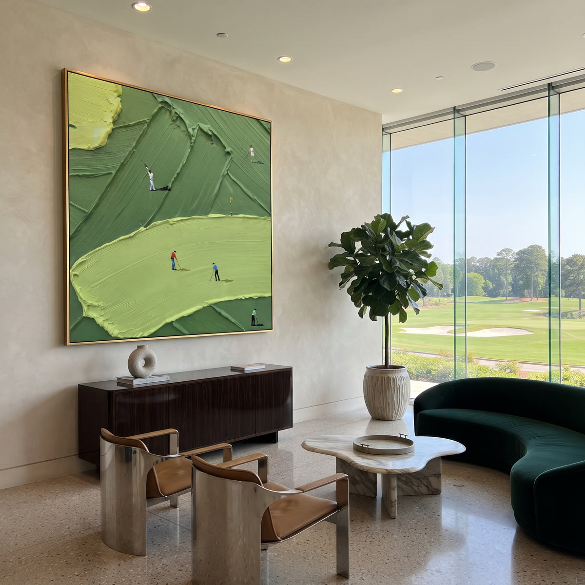 Broad Lime Fairway Golf focuses on this hand-painted textured canvas features broad lime fairway across the foreground, dark green raised ridges, and small golfers on the course. The composition is described from the actual main image, so the visible subject, color balance, spacing, and surface movement stay specific to this product instead of reading like a batch title. Raised palette-knife layers, sculpted impasto ridges, softened brush transitions, and tactile handmade texture give the canvas