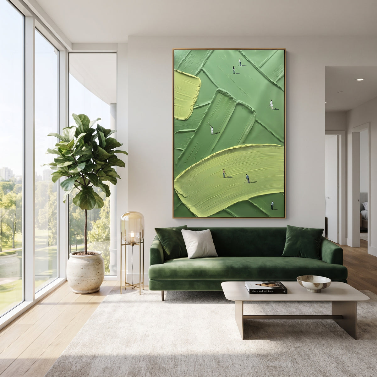 Flagstick Fairway Golf Relief focuses on this hand-painted textured canvas features vertical golf course with flagstick, lime green foreground, dark fairway ridges, and scattered players. The title and description are matched to the actual main image, so the visible subject, color balance, spacing, and surface movement stay specific to this product instead of using a repeated batch phrase. Raised palette-knife layers, sculpted impasto ridges, softened brush transitions, and tactile handmade