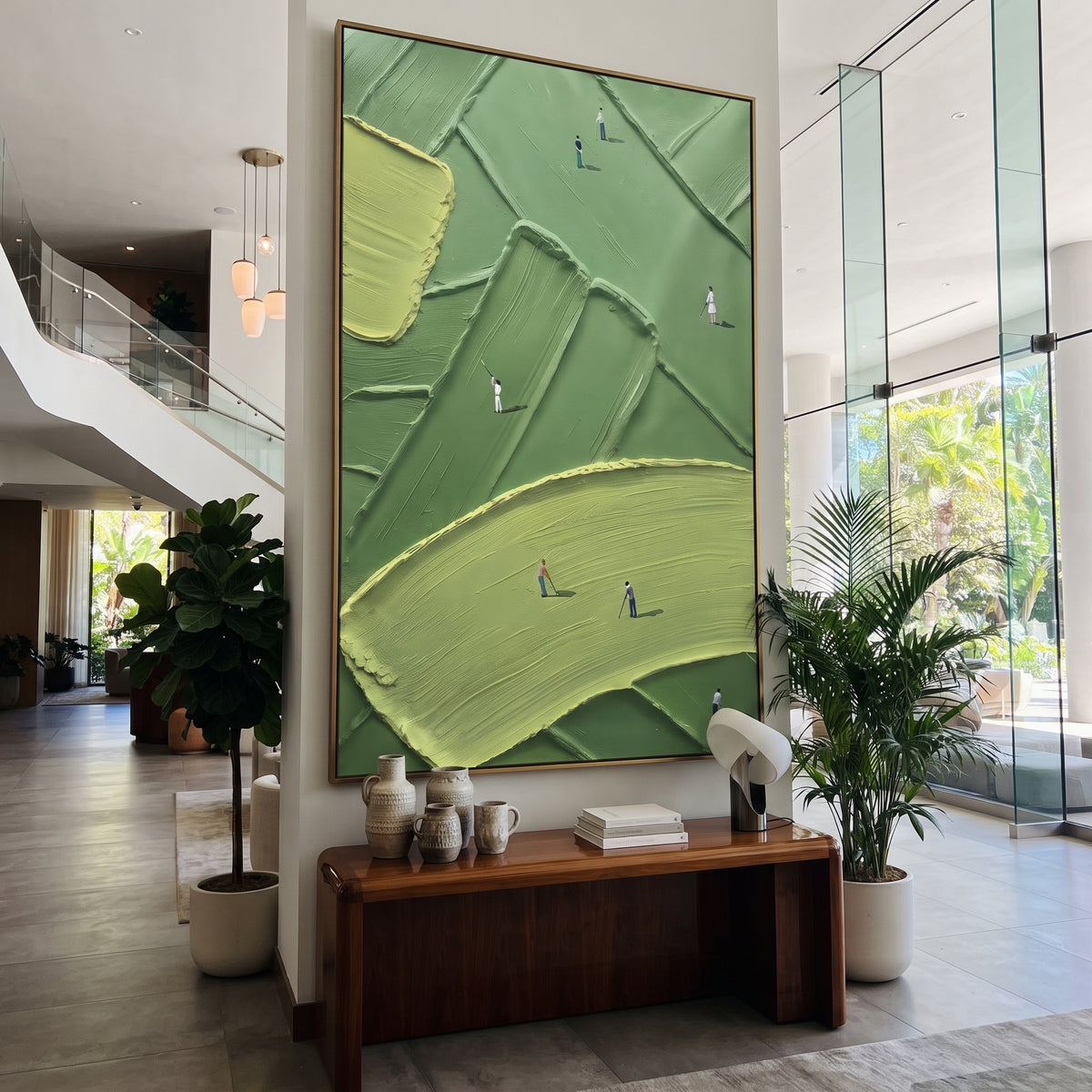 Flagstick Fairway Golf Relief focuses on this hand-painted textured canvas features vertical golf course with flagstick, lime green foreground, dark fairway ridges, and scattered players. The title and description are matched to the actual main image, so the visible subject, color balance, spacing, and surface movement stay specific to this product instead of using a repeated batch phrase. Raised palette-knife layers, sculpted impasto ridges, softened brush transitions, and tactile handmade