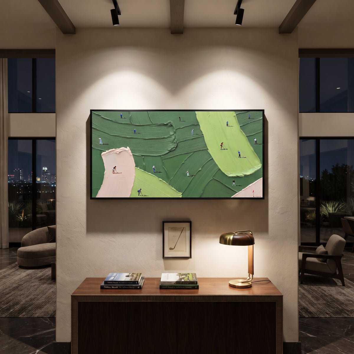 Pink Bunker Fairway Golf focuses on this hand-painted textured canvas features wide golf course with pink bunker, lime fairway, dark green terrain ridges, and scattered golfers. The title and description are matched to the actual main image, so the visible subject, color balance, spacing, and surface movement stay specific to this product instead of using a repeated batch phrase. Raised palette-knife layers, sculpted impasto ridges, softened brush transitions, and tactile handmade texture give