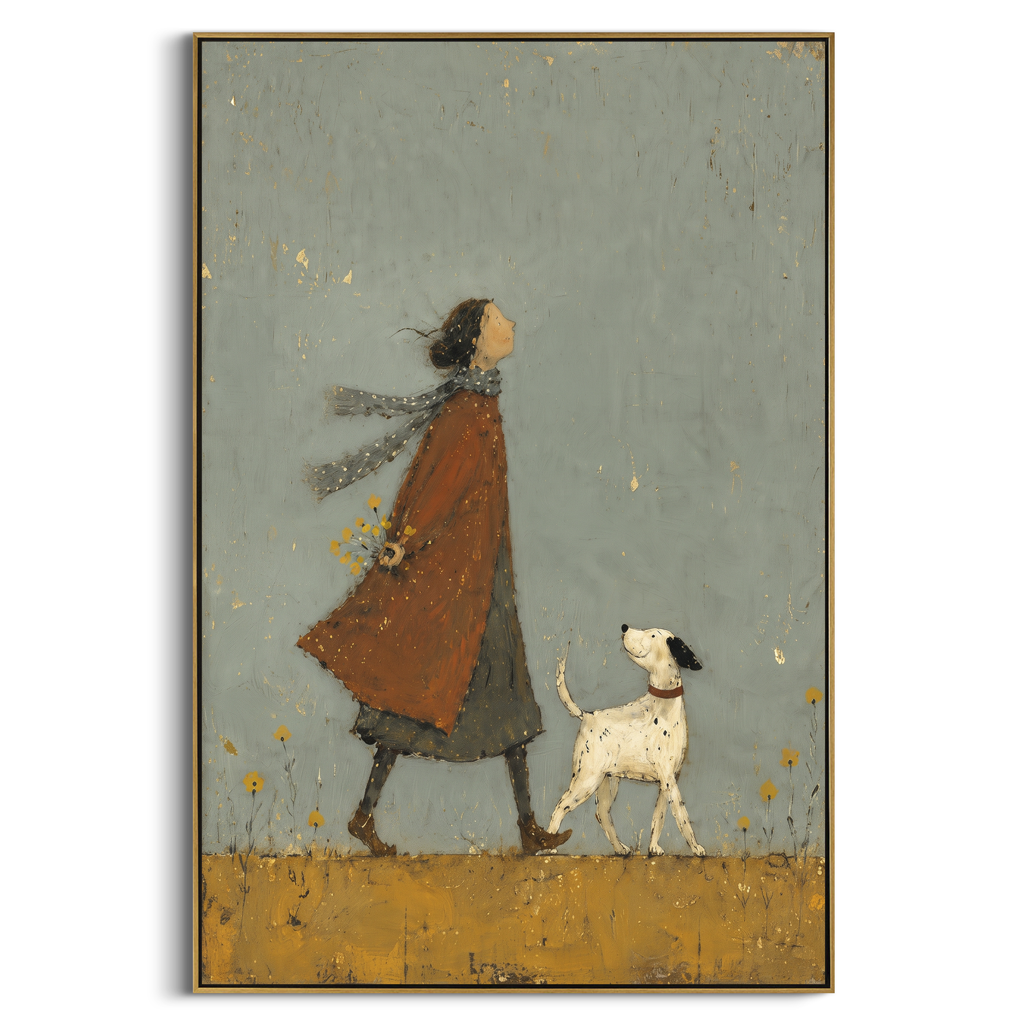 Woman Walking White Dog focuses on this hand-painted textured canvas features woman in a rust coat walking a small white dog across a muted blue grey ground. The composition is described from the actual main image, so the visible subject, color balance, spacing, and surface movement stay specific to this product instead of reading like a batch title. Raised palette-knife layers, sculpted impasto ridges, softened brush transitions, and tactile handmade texture give the canvas dimensional depth