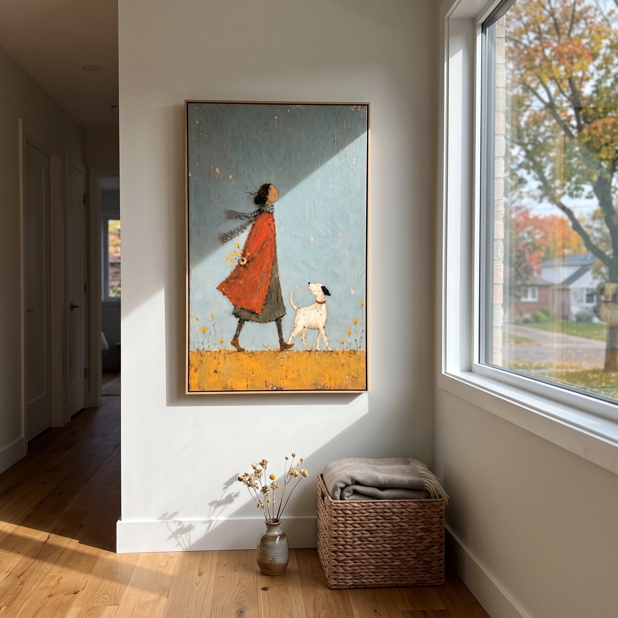 Woman Walking White Dog focuses on this hand-painted textured canvas features woman in a rust coat walking a small white dog across a muted blue grey ground. The composition is described from the actual main image, so the visible subject, color balance, spacing, and surface movement stay specific to this product instead of reading like a batch title. Raised palette-knife layers, sculpted impasto ridges, softened brush transitions, and tactile handmade texture give the canvas dimensional depth