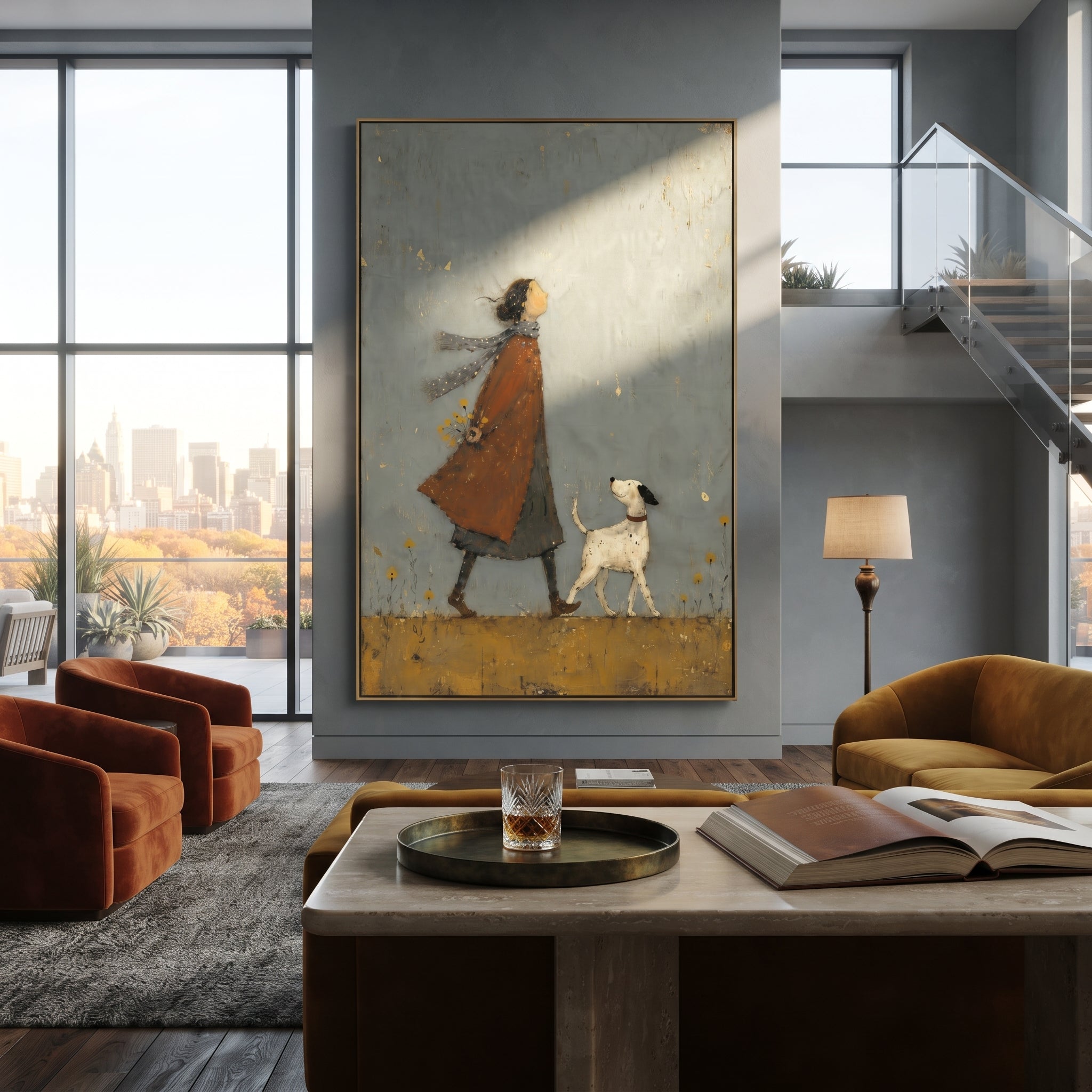 Woman Walking White Dog focuses on this hand-painted textured canvas features woman in a rust coat walking a small white dog across a muted blue grey ground. The composition is described from the actual main image, so the visible subject, color balance, spacing, and surface movement stay specific to this product instead of reading like a batch title. Raised palette-knife layers, sculpted impasto ridges, softened brush transitions, and tactile handmade texture give the canvas dimensional depth