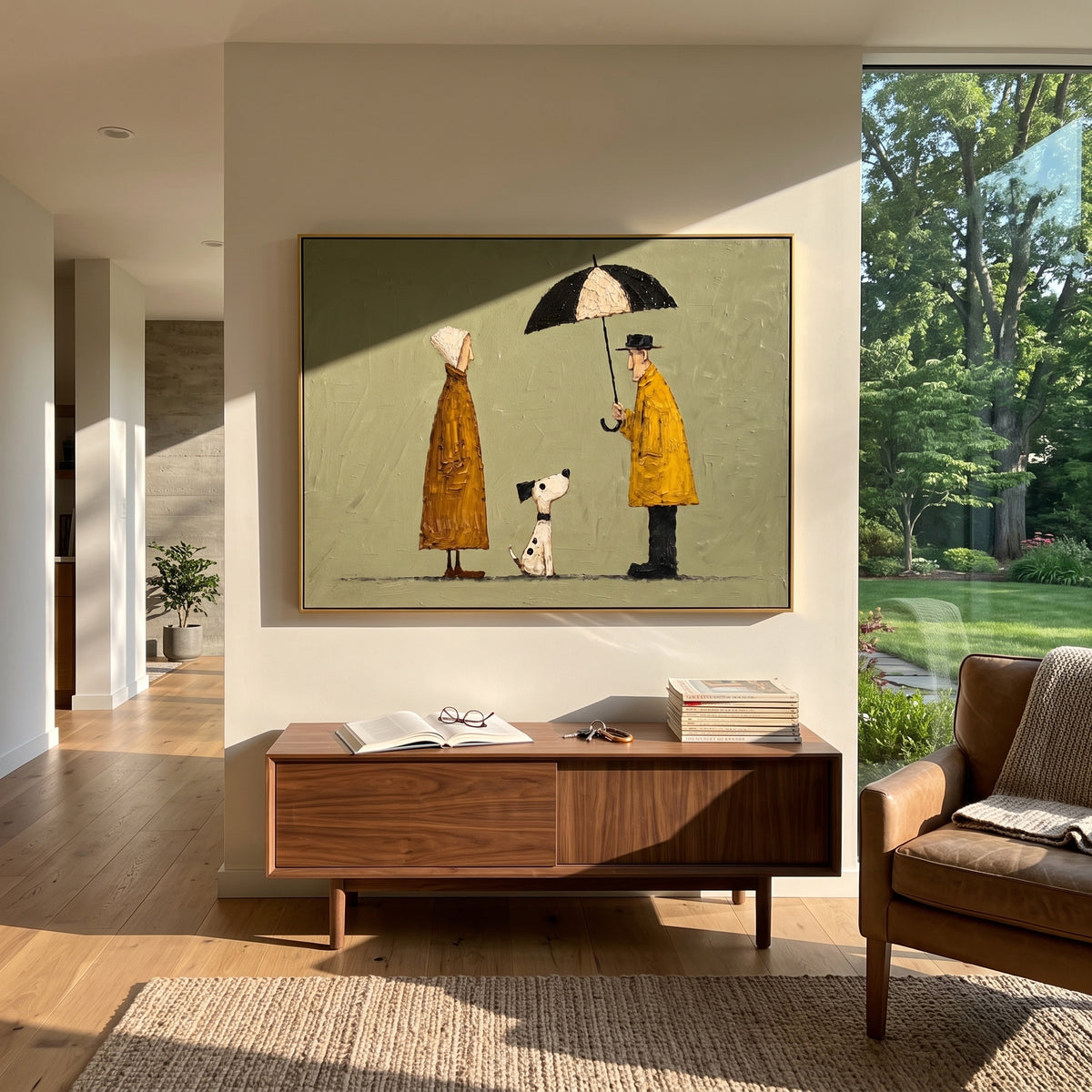 Umbrella Couple With Spotted Dog focuses on this hand-painted textured canvas features standing couple under a black umbrella with a small spotted dog on an olive background. The composition is described from the actual main image, so the visible subject, color balance, spacing, and surface movement stay specific to this product instead of reading like a batch title. Raised palette-knife layers, sculpted impasto ridges, softened brush transitions, and tactile handmade texture give the canvas