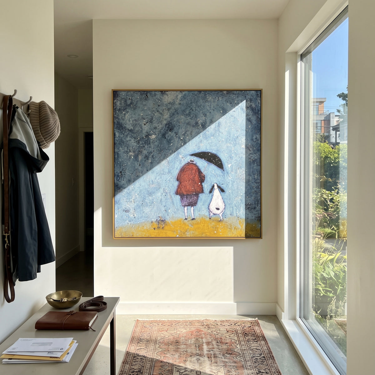 Rainy Umbrella Dog Companion focuses on this hand-painted textured canvas features red coated figure under a dark umbrella beside a white dog on a snowy blue textured field. The composition is described from the actual main image, so the visible subject, color balance, spacing, and surface movement stay specific to this product instead of reading like a batch title. Raised palette-knife layers, sculpted impasto ridges, softened brush transitions, and tactile handmade texture give the canvas