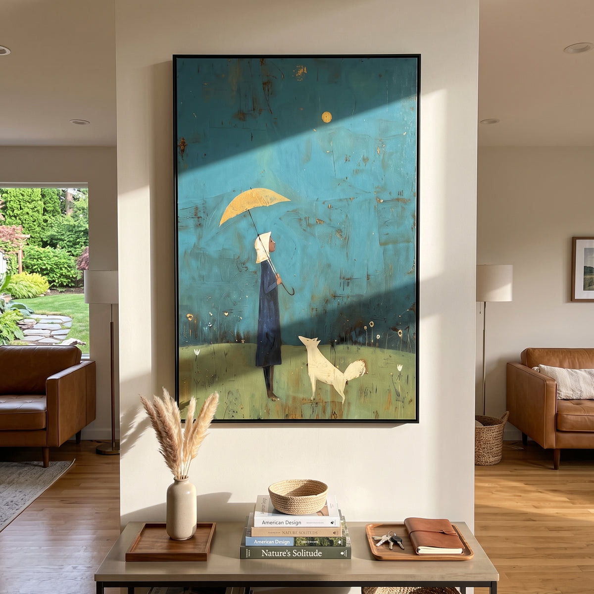Moonlit Umbrella Woman With White Dog focuses on this hand-painted textured canvas features slender woman holding a pale umbrella with a white dog under a small moon on teal blue. The composition is described from the actual main image, so the visible subject, color balance, spacing, and surface movement stay specific to this product instead of reading like a batch title. Raised palette-knife layers, sculpted impasto ridges, softened brush transitions, and tactile handmade texture give the