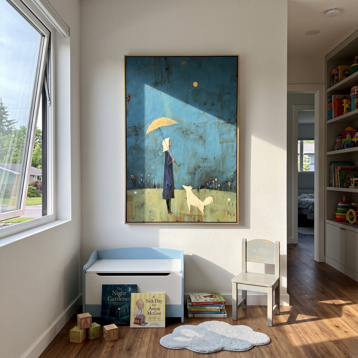 Moonlit Umbrella Woman With White Dog focuses on this hand-painted textured canvas features slender woman holding a pale umbrella with a white dog under a small moon on teal blue. The composition is described from the actual main image, so the visible subject, color balance, spacing, and surface movement stay specific to this product instead of reading like a batch title. Raised palette-knife layers, sculpted impasto ridges, softened brush transitions, and tactile handmade texture give the