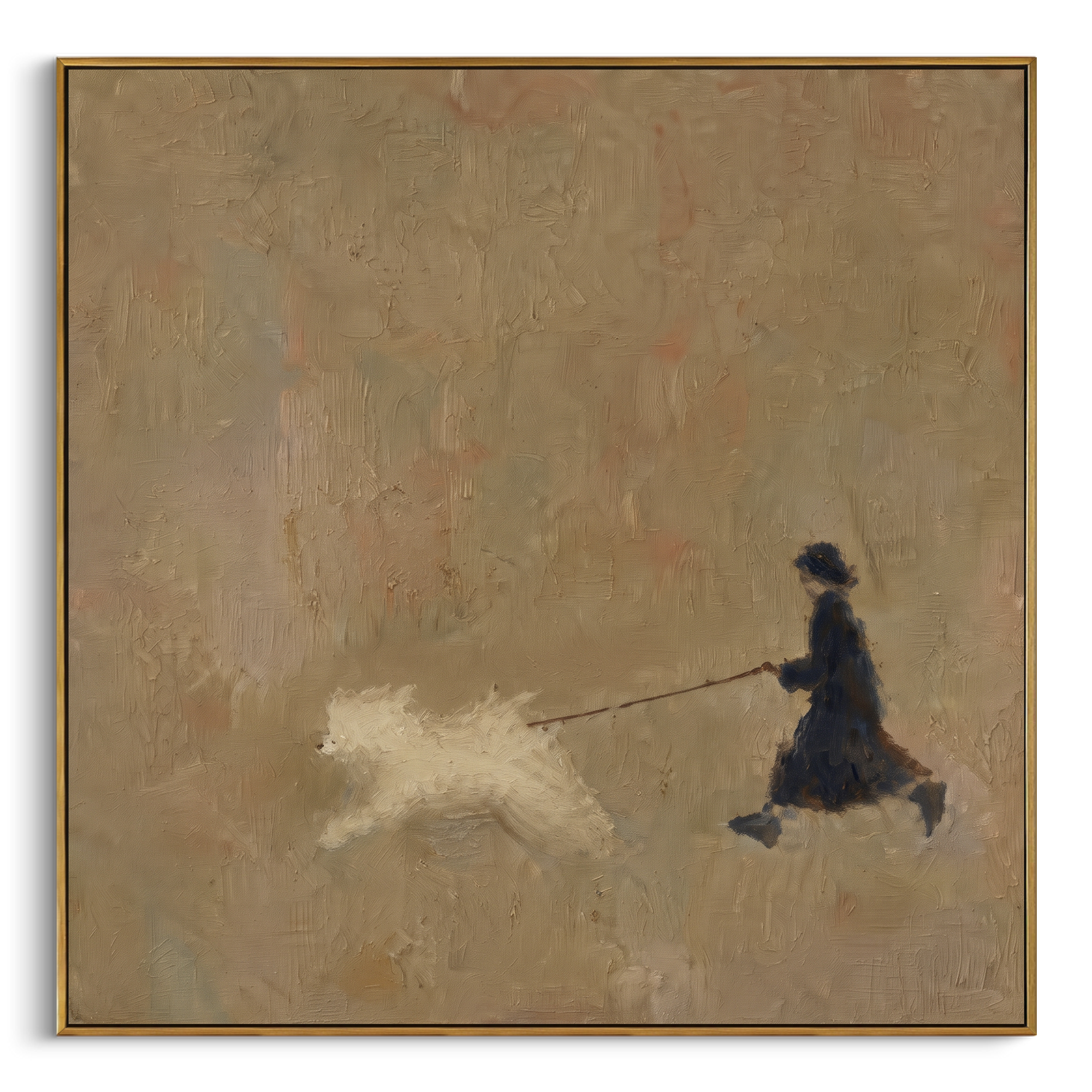 Girl Running With White Dog focuses on this hand-painted textured canvas features small dark figure running with a fluffy white dog across a warm neutral textured ground. The composition is described from the actual main image, so the visible subject, color balance, spacing, and surface movement stay specific to this product instead of reading like a batch title. Raised palette-knife layers, sculpted impasto ridges, softened brush transitions, and tactile handmade texture give the canvas