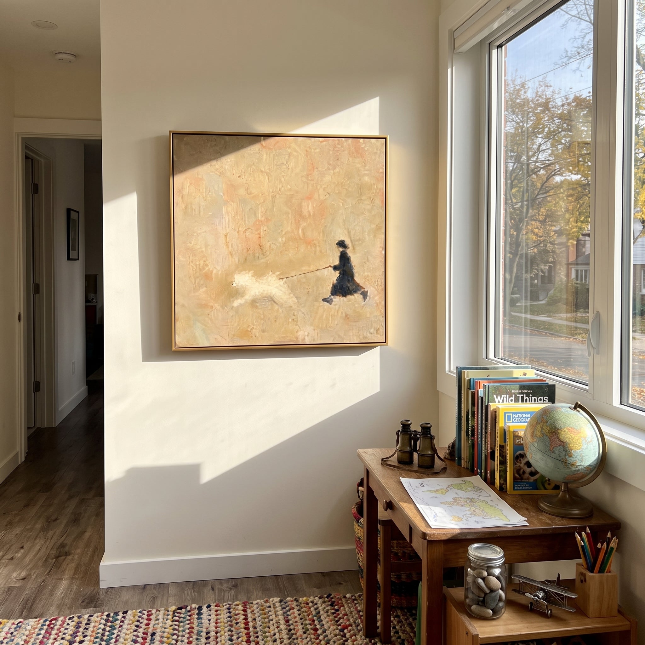Girl Running With White Dog focuses on this hand-painted textured canvas features small dark figure running with a fluffy white dog across a warm neutral textured ground. The composition is described from the actual main image, so the visible subject, color balance, spacing, and surface movement stay specific to this product instead of reading like a batch title. Raised palette-knife layers, sculpted impasto ridges, softened brush transitions, and tactile handmade texture give the canvas