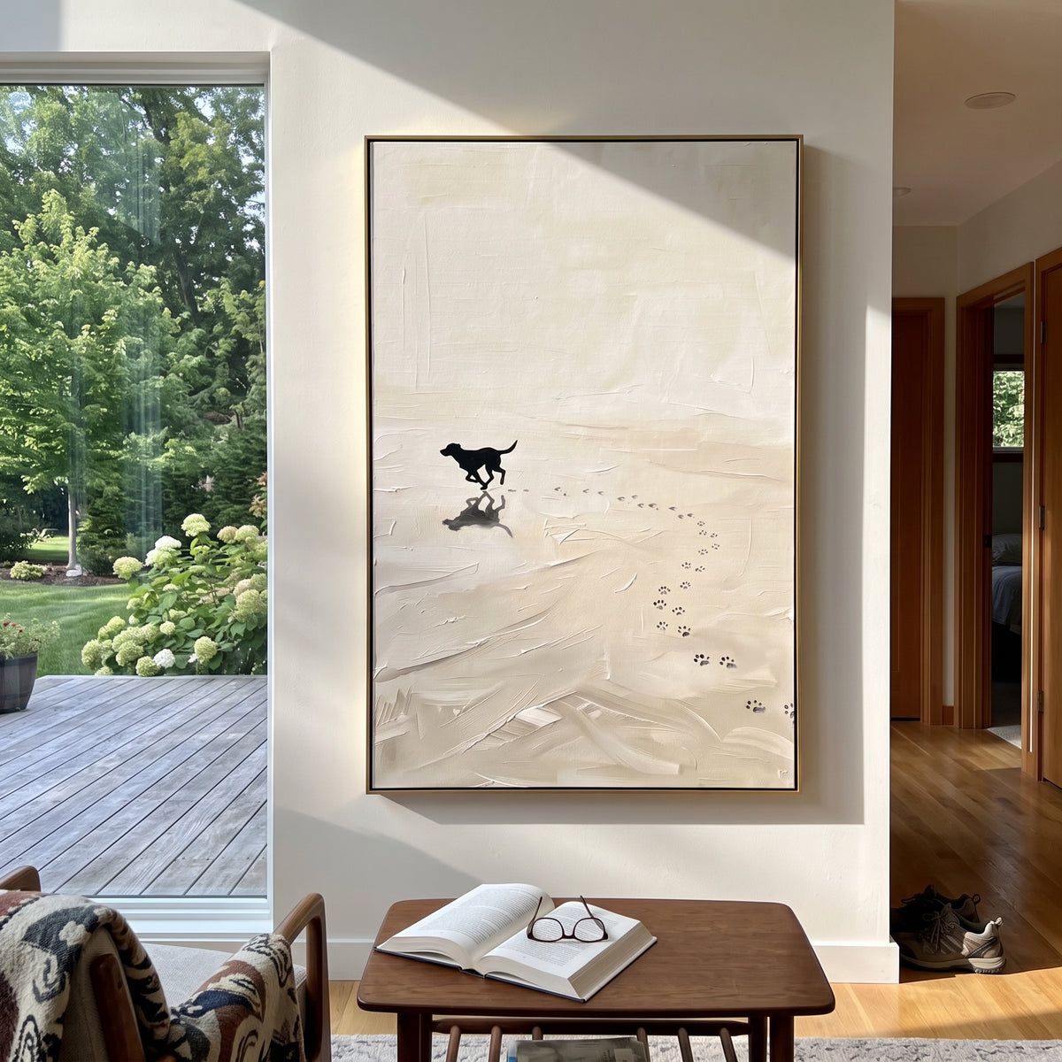 Lone Black Dog Snow Tracks focuses on this hand-painted textured canvas features small black dog crossing a pale snowy landscape with delicate footprints and open negative space. The composition is described from the actual main image, so the visible subject, color balance, spacing, and surface movement stay specific to this product instead of reading like a batch title. Raised palette-knife layers, sculpted impasto ridges, softened brush transitions, and tactile handmade texture give the canvas