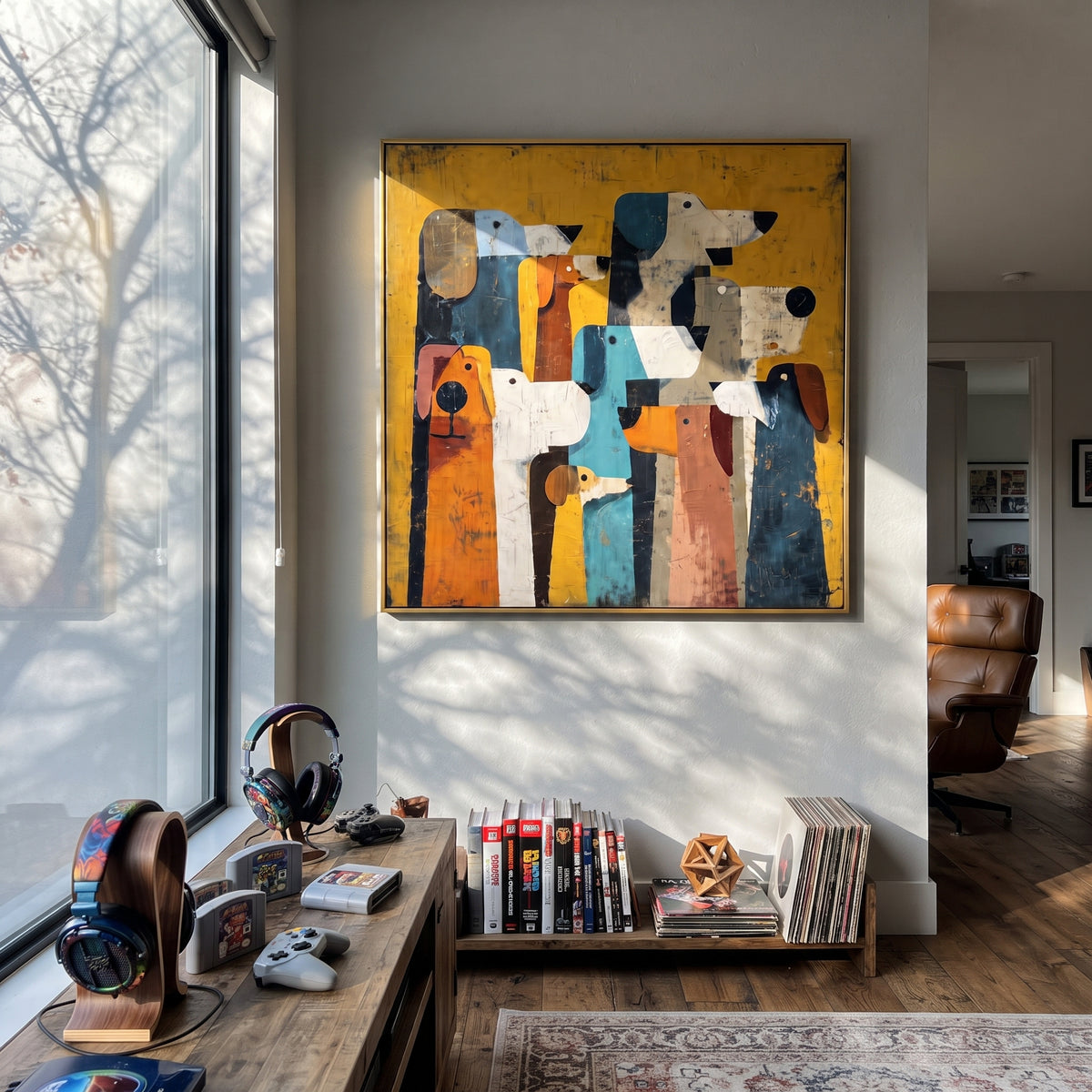 Tall Dog Head Crowd focuses on this hand-painted textured canvas features vertical crowd of stylized dog heads in white, blue, rust, black, and tan on a golden ground. The composition is described from the actual main image, so the visible subject, color balance, spacing, and surface movement stay specific to this product instead of reading like a batch title. Raised palette-knife layers, sculpted impasto ridges, softened brush transitions, and tactile handmade texture give the canvas