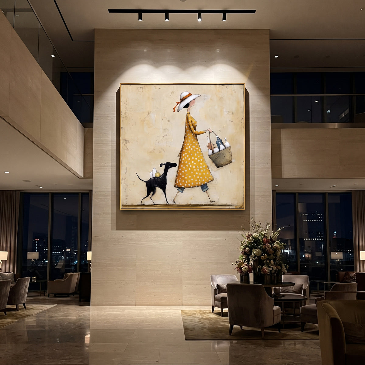 Polka Dot Dress Woman With Dog focuses on this hand-painted textured canvas features woman in a yellow polka dot dress carrying bottles while a black and white dog walks beside her. The composition is described from the actual main image, so the visible subject, color balance, spacing, and surface movement stay specific to this product instead of reading like a batch title. Raised palette-knife layers, sculpted impasto ridges, softened brush transitions, and tactile handmade texture give the