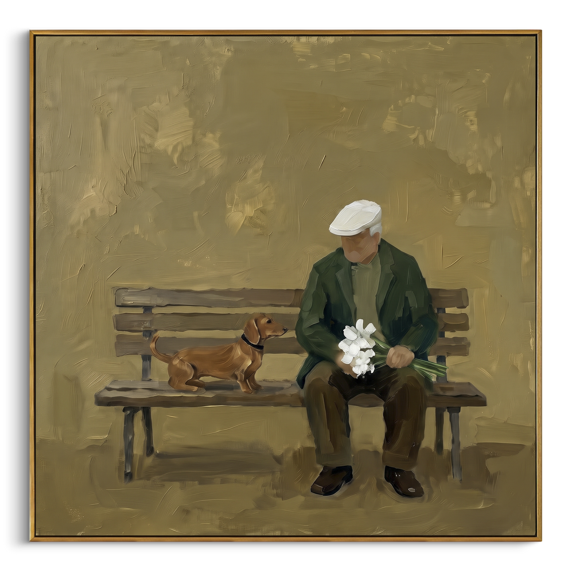 Bench Man With Brown Dog focuses on this hand-painted textured canvas features elderly man seated on a bench holding flowers beside a reclining brown dog. The composition is described from the actual main image, so the visible subject, color balance, spacing, and surface movement stay specific to this product instead of reading like a batch title. Raised palette-knife layers, sculpted impasto ridges, softened brush transitions, and tactile handmade texture give the canvas dimensional depth under