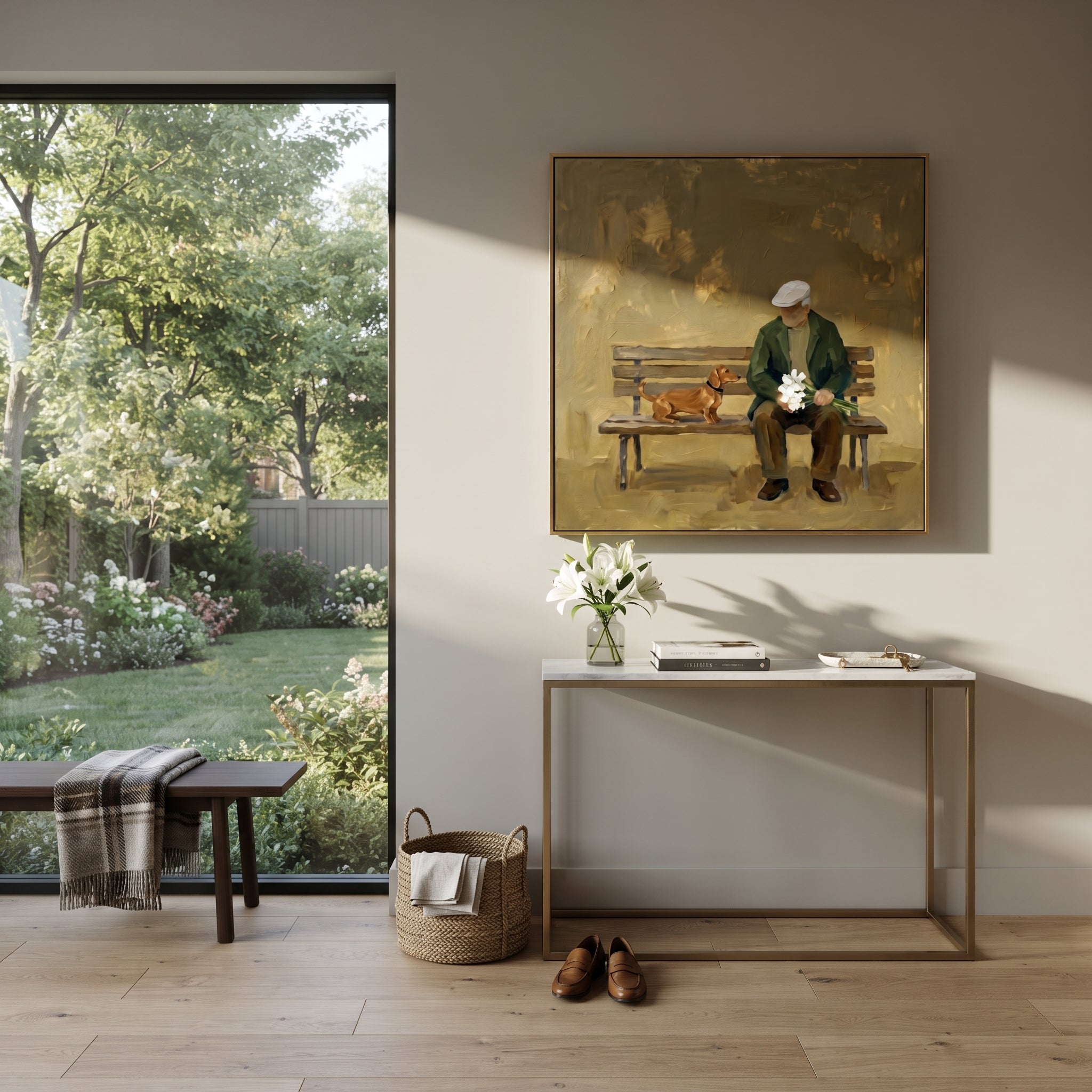 Bench Man With Brown Dog focuses on this hand-painted textured canvas features elderly man seated on a bench holding flowers beside a reclining brown dog. The composition is described from the actual main image, so the visible subject, color balance, spacing, and surface movement stay specific to this product instead of reading like a batch title. Raised palette-knife layers, sculpted impasto ridges, softened brush transitions, and tactile handmade texture give the canvas dimensional depth under