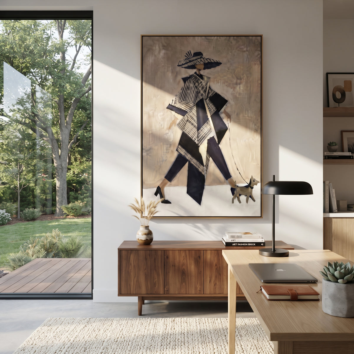 Black White Fashion Dog Walker focuses on this hand-painted textured canvas features stylized fashion figure in black and white walking a small dog on a blush neutral ground. The composition is described from the actual main image, so the visible subject, color balance, spacing, and surface movement stay specific to this product instead of reading like a batch title. Raised palette-knife layers, sculpted impasto ridges, softened brush transitions, and tactile handmade texture give the canvas