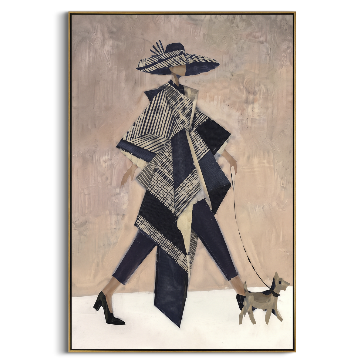 Black White Fashion Dog Walker focuses on this hand-painted textured canvas features stylized fashion figure in black and white walking a small dog on a blush neutral ground. The composition is described from the actual main image, so the visible subject, color balance, spacing, and surface movement stay specific to this product instead of reading like a batch title. Raised palette-knife layers, sculpted impasto ridges, softened brush transitions, and tactile handmade texture give the canvas