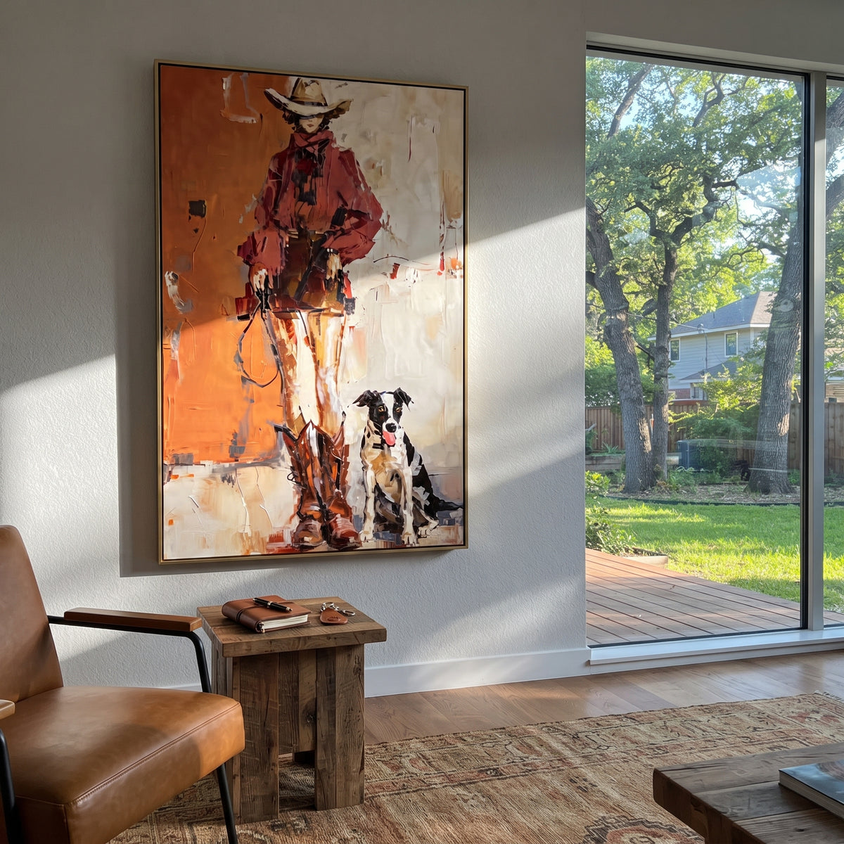 Cowboy With Border Collie focuses on this hand-painted textured canvas features western cowboy in red beside boots and a black white dog on a warm orange wall. The composition is described from the actual main image, so the visible subject, color balance, spacing, and surface movement stay specific to this product instead of reading like a batch title. Raised palette-knife layers, sculpted impasto ridges, softened brush transitions, and tactile handmade texture give the canvas dimensional depth