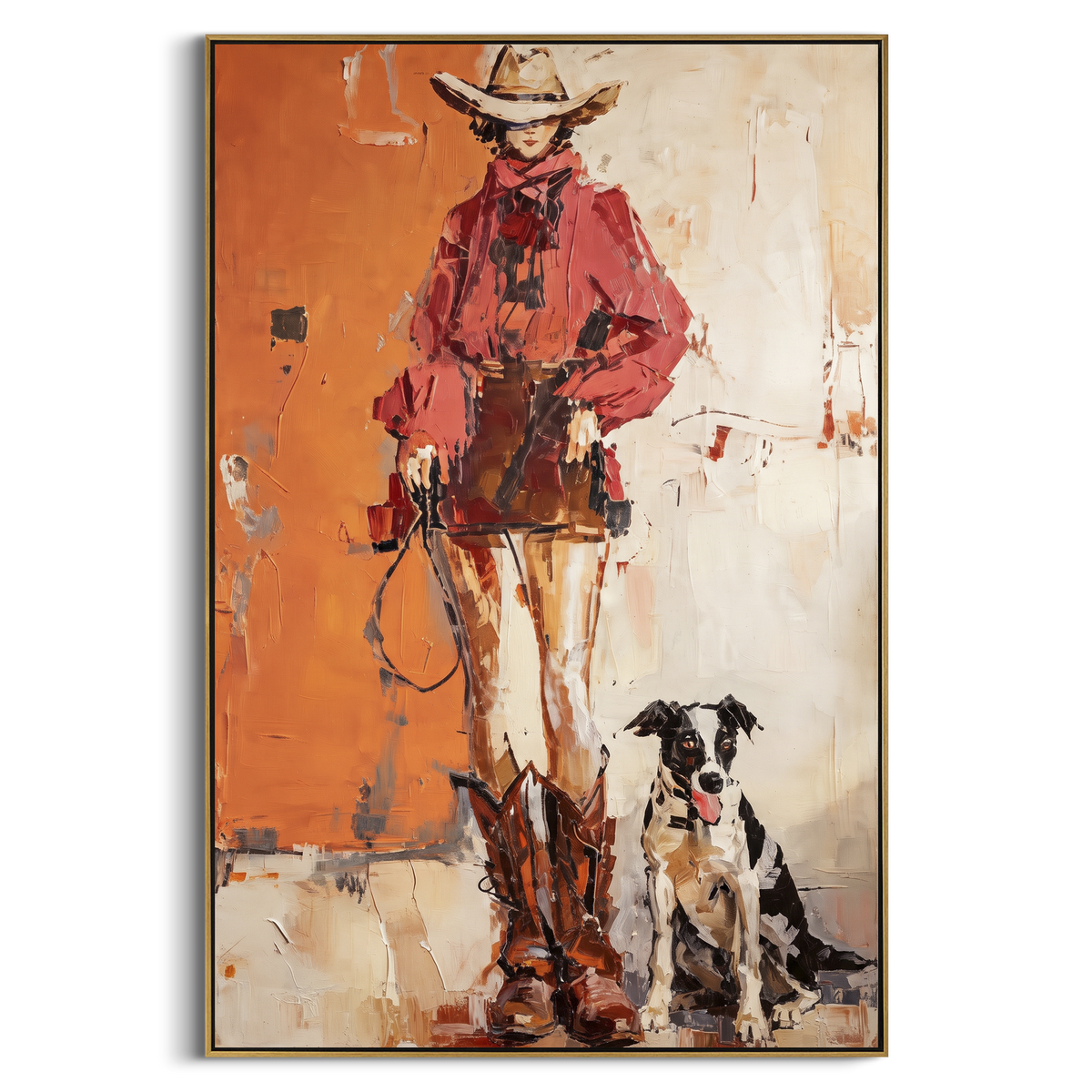 Cowboy With Border Collie focuses on this hand-painted textured canvas features western cowboy in red beside boots and a black white dog on a warm orange wall. The composition is described from the actual main image, so the visible subject, color balance, spacing, and surface movement stay specific to this product instead of reading like a batch title. Raised palette-knife layers, sculpted impasto ridges, softened brush transitions, and tactile handmade texture give the canvas dimensional depth
